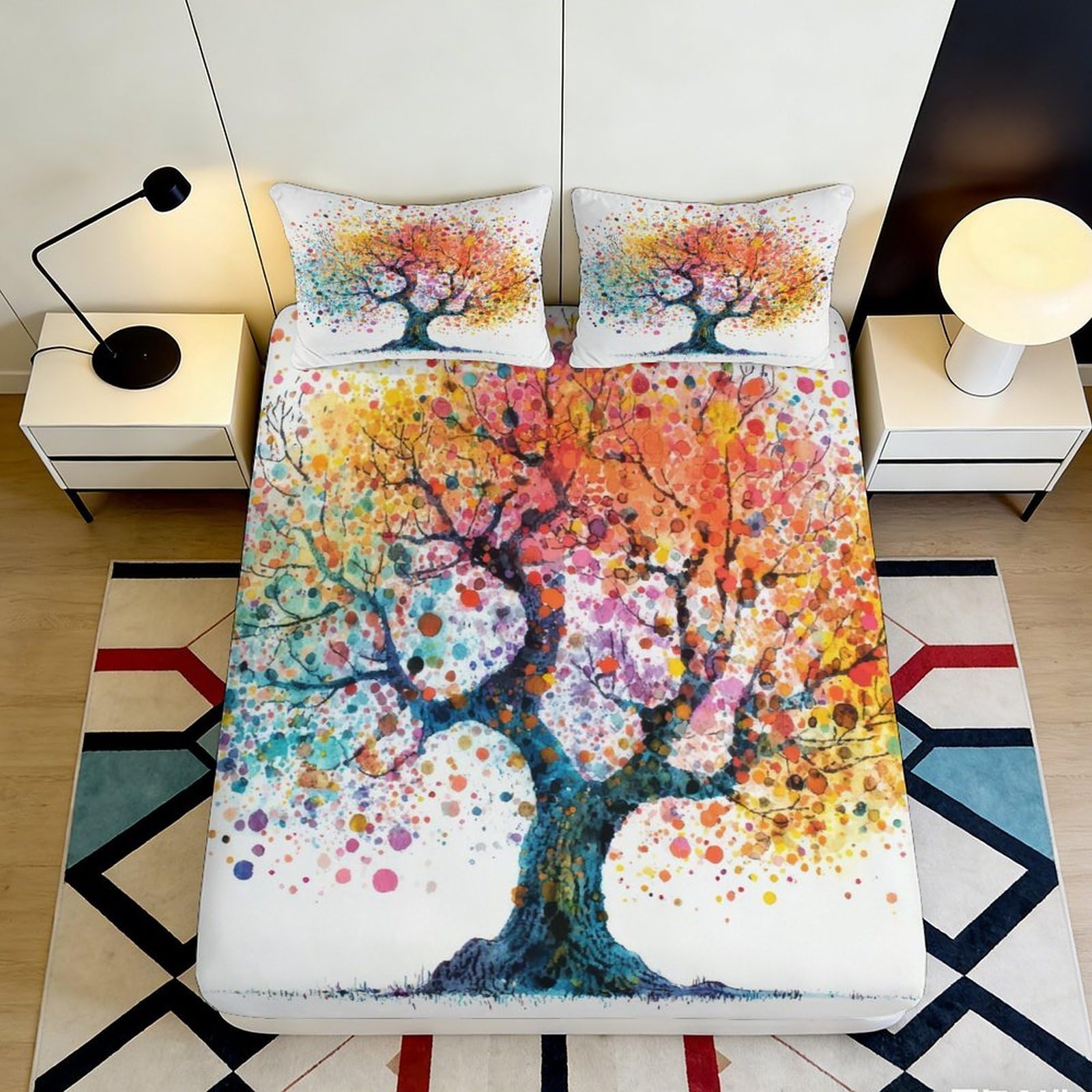 Jqzkxnhpbr Style-9 3D Printed Colorful Tree Fitted Sheet Microfiber Soft Anti-Slip Abstract Forest Bed Cover For Bedroom Guest Room Mattress Protector 90X200x25cm
