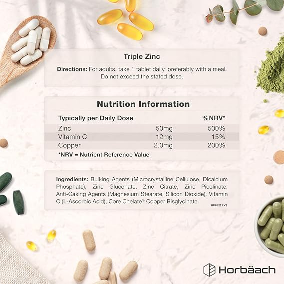 Zinc Tablets 50mg 3-in-1 Complex | Picolinate, Citrate & Gluconate with Vitamin C & Copper | High Strength Elemental Zinc & High Absorption | 6 Month Supply | 180 Vegan Tablets | by Horbaach