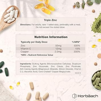 Zinc Tablets 50mg 3-in-1 Complex | Picolinate, Citrate & Gluconate with Vitamin C & Copper | High Strength Elemental Zinc & High Absorption | 6 Month Supply | 180 Vegan Tablets | by Horbaach