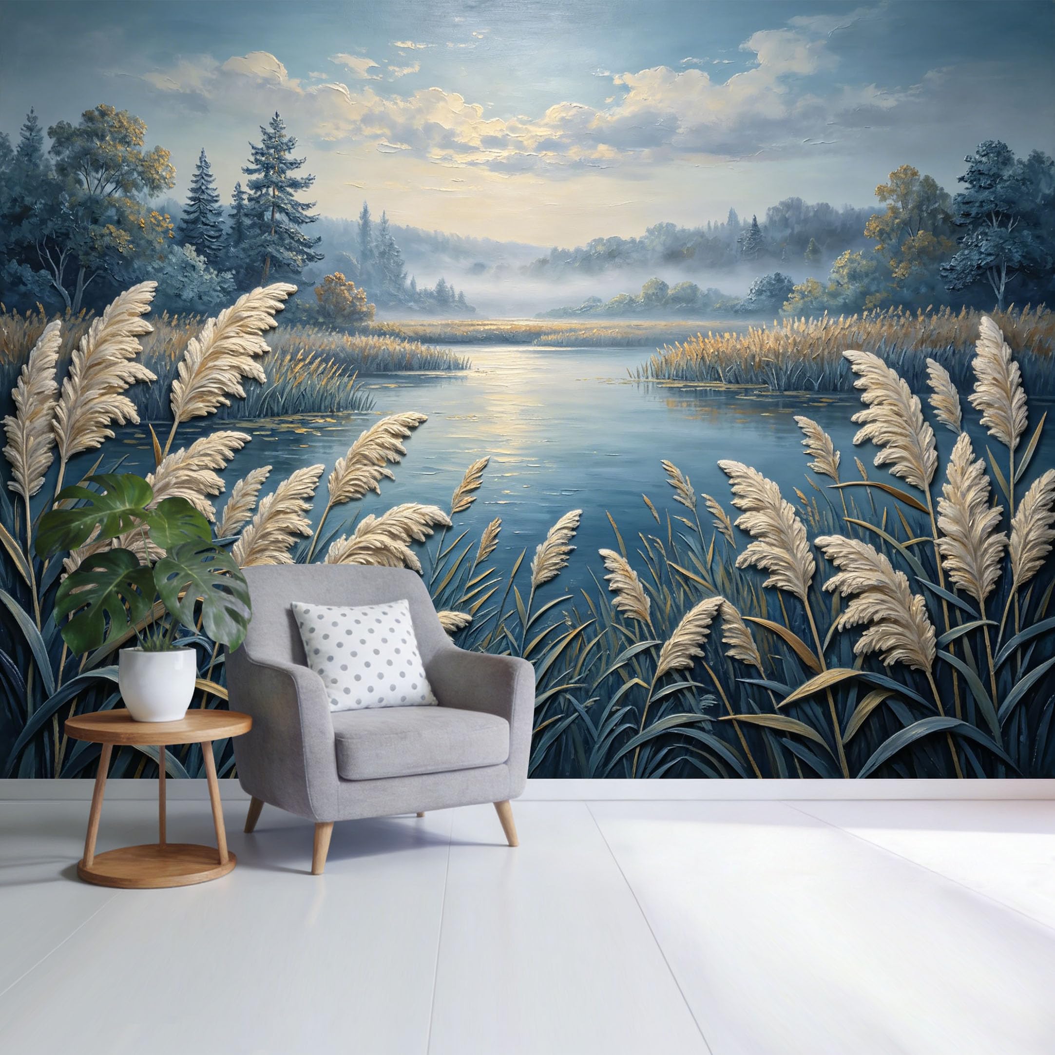 Custom Size Wall Mural Serene Lake Landscape Golden Reed Forest Watercolor Style SelfAdhesive Wall Fabric Removable Wallpaper for Home Office Decor