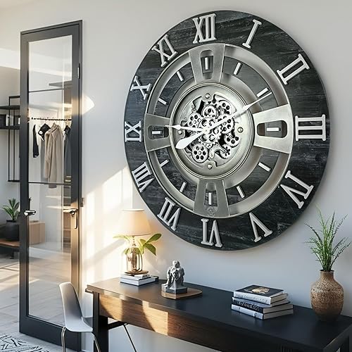 Miniatura 3 de ImprovingLife The Gears Clock Reloj de pared con engranaje móvil real de la línea Inglaterra (negro vintage, 24 pulgadas (23.6 in)