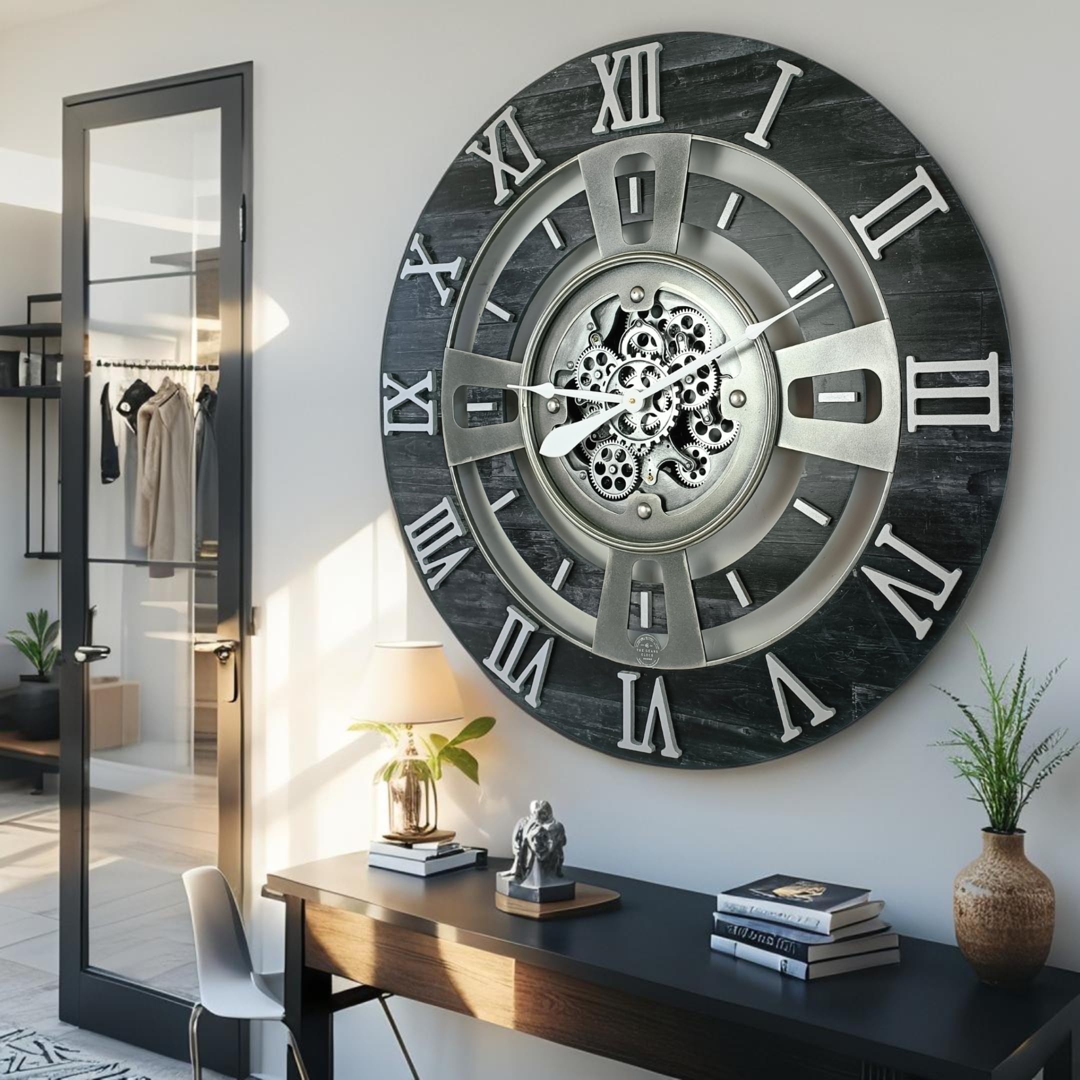 ImprovingLife The Gears Clock Horloge murale à engrenages en mouvement réel England Line (Noir vintage, 24 pouces (60 cm))
