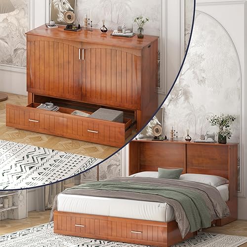 ZAFLY Murphy - Cama Queen con colchón de espuma plegable, cama de pecho Murphy con estación de carga y cajones grandes, cama Murphy que ahorra