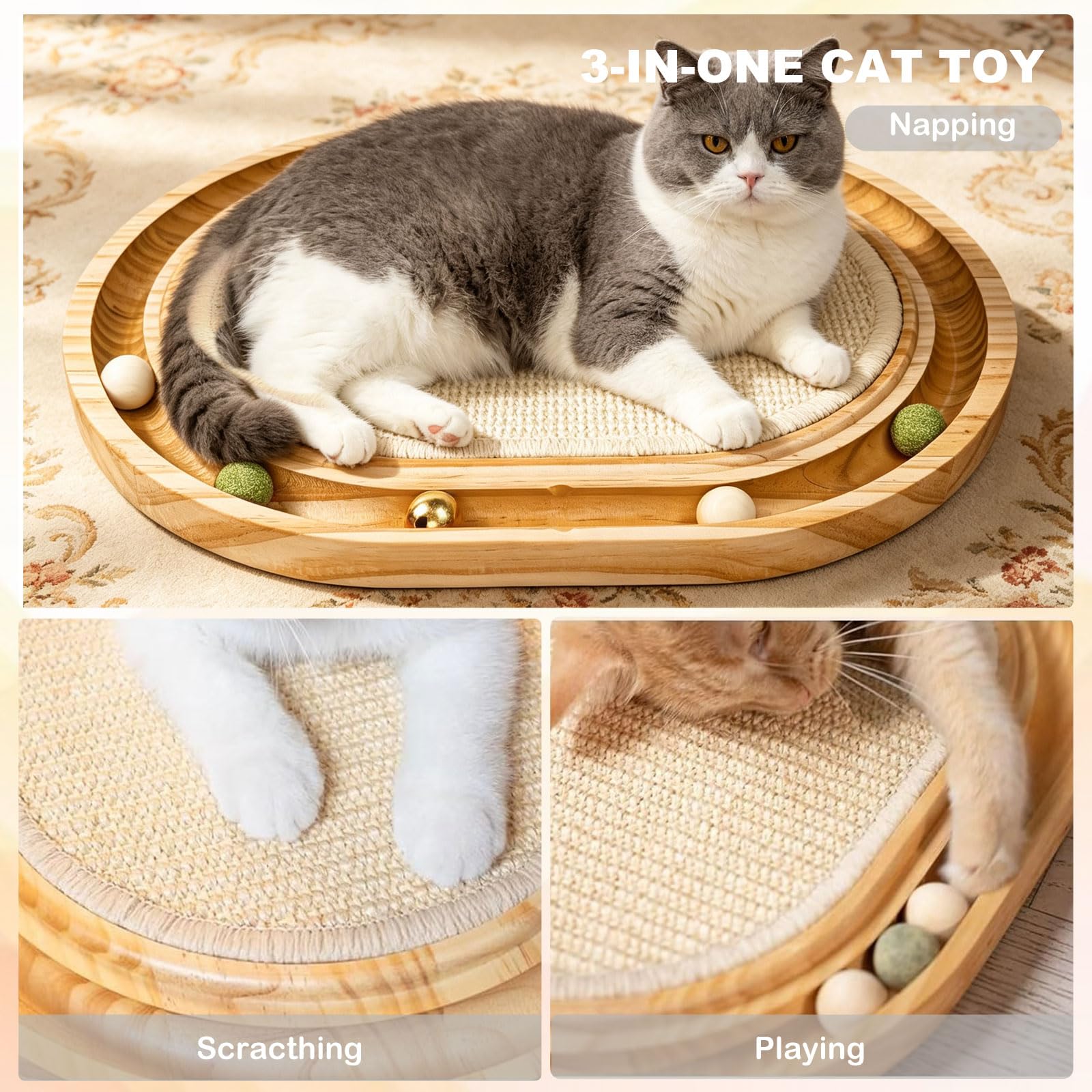 Sisal-Kratzspielzeug mit Kugelbahn, interaktives Katzenspielzeug für Indoor-Katzen, natürliches Sisal-Kratzpad, stabiler Massivholzrahmen, körperliche Übung für Kitty & mittelgroße Katze