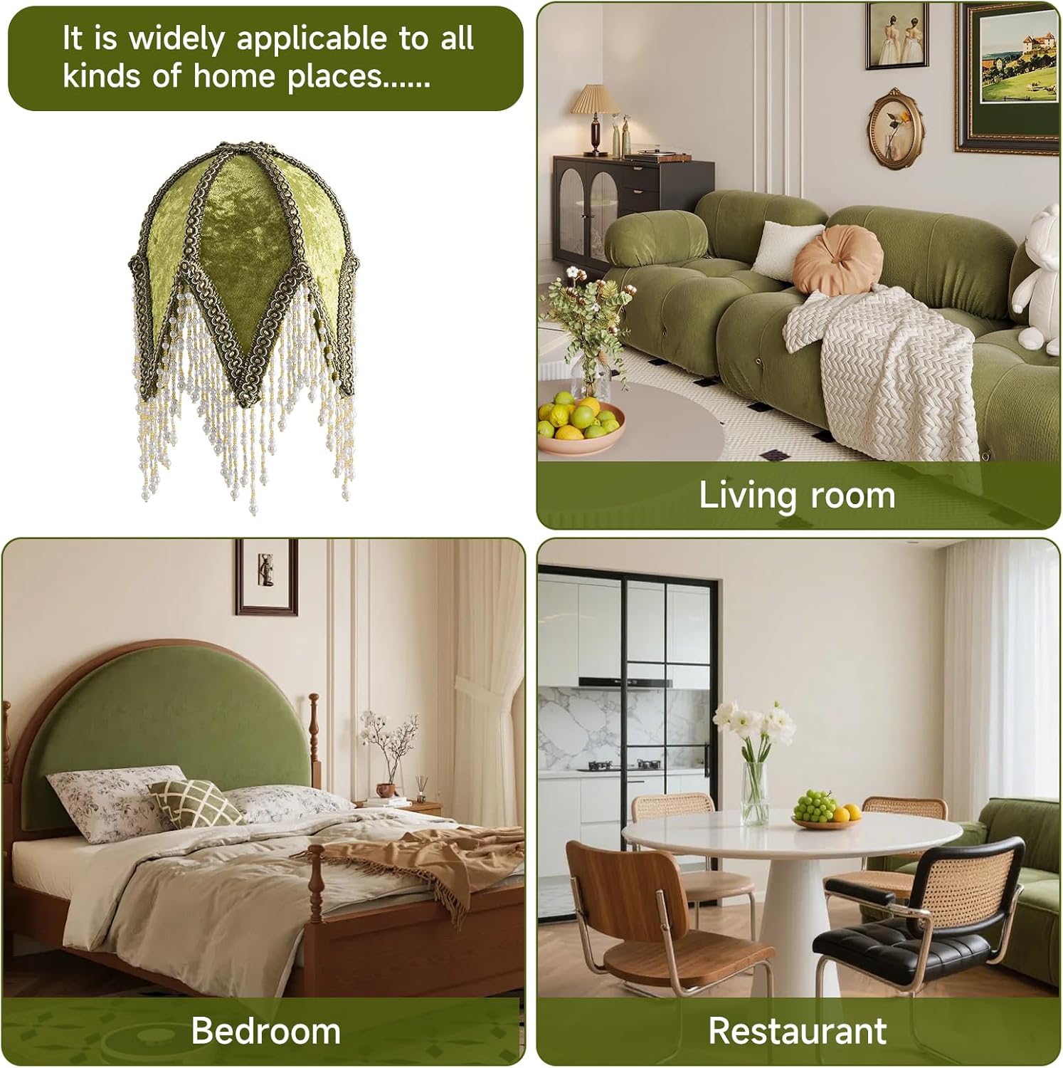 Tassel lampshade - Retro country style green bead tassel lampshade,8.7"High artistic atmosphere replacement lamp accessory for living room-C