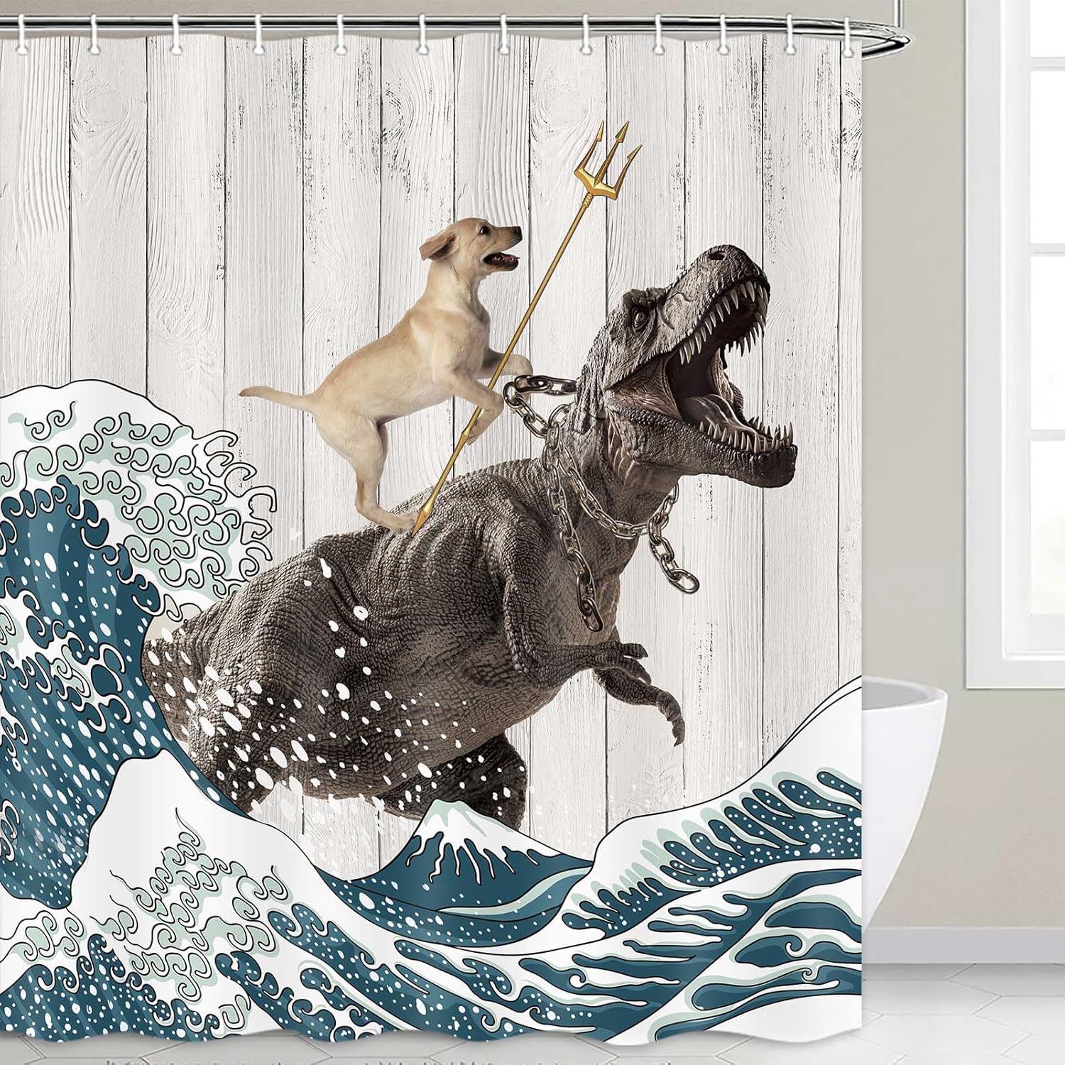 Boziqr Funny Dog Shower Curtain, Japanese Ocean Wave Dinosaur Rustic Barn Door Decor Fabric Bathroom Curtains Set, Cute Animal Kids Polyester Fabric Waterproof, 70 X 78 Inches