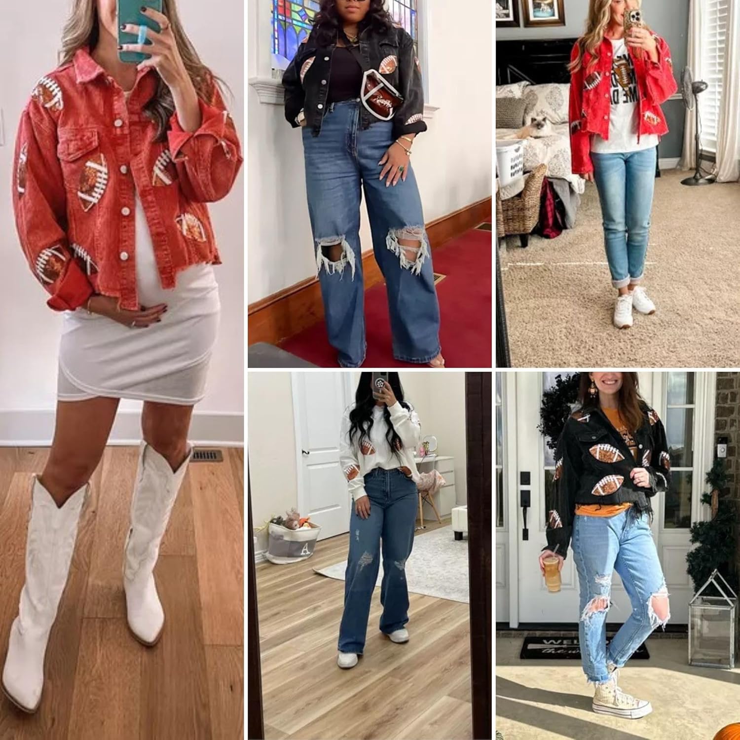 Xunger Women’s Football Corduroy Sequin Jacket Cropped Distresses Rugby Patched Shacket Coat - Image 4