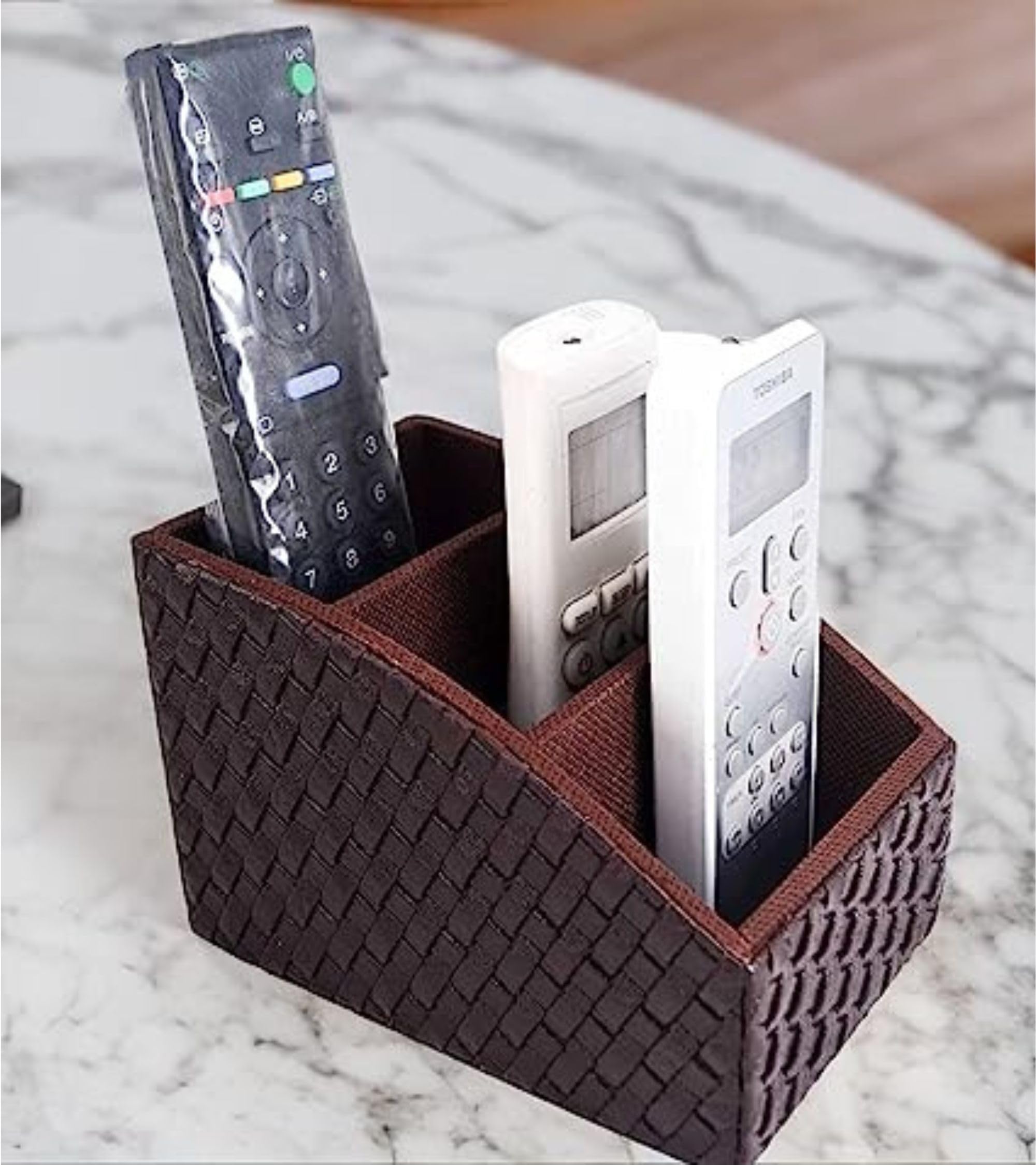 PremsonsWoven Design Artificial Leatherette 3 Section Remote Holder for Home & Office - Brown