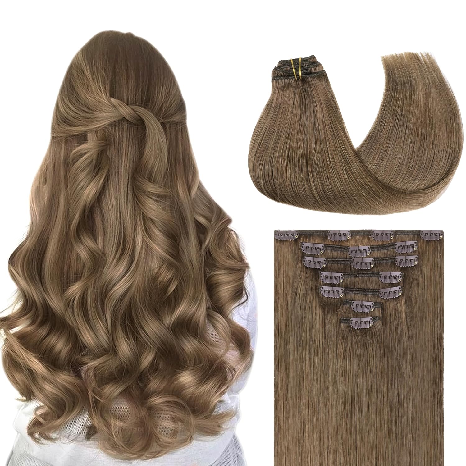 GOO GOO Clip in Hair Extensions Real Human Hair, Remy Human Hair Extensions Clip ins for Women, Natural Human Hair, 24inch 120g 7Pcs, 5 Light Ash Brown