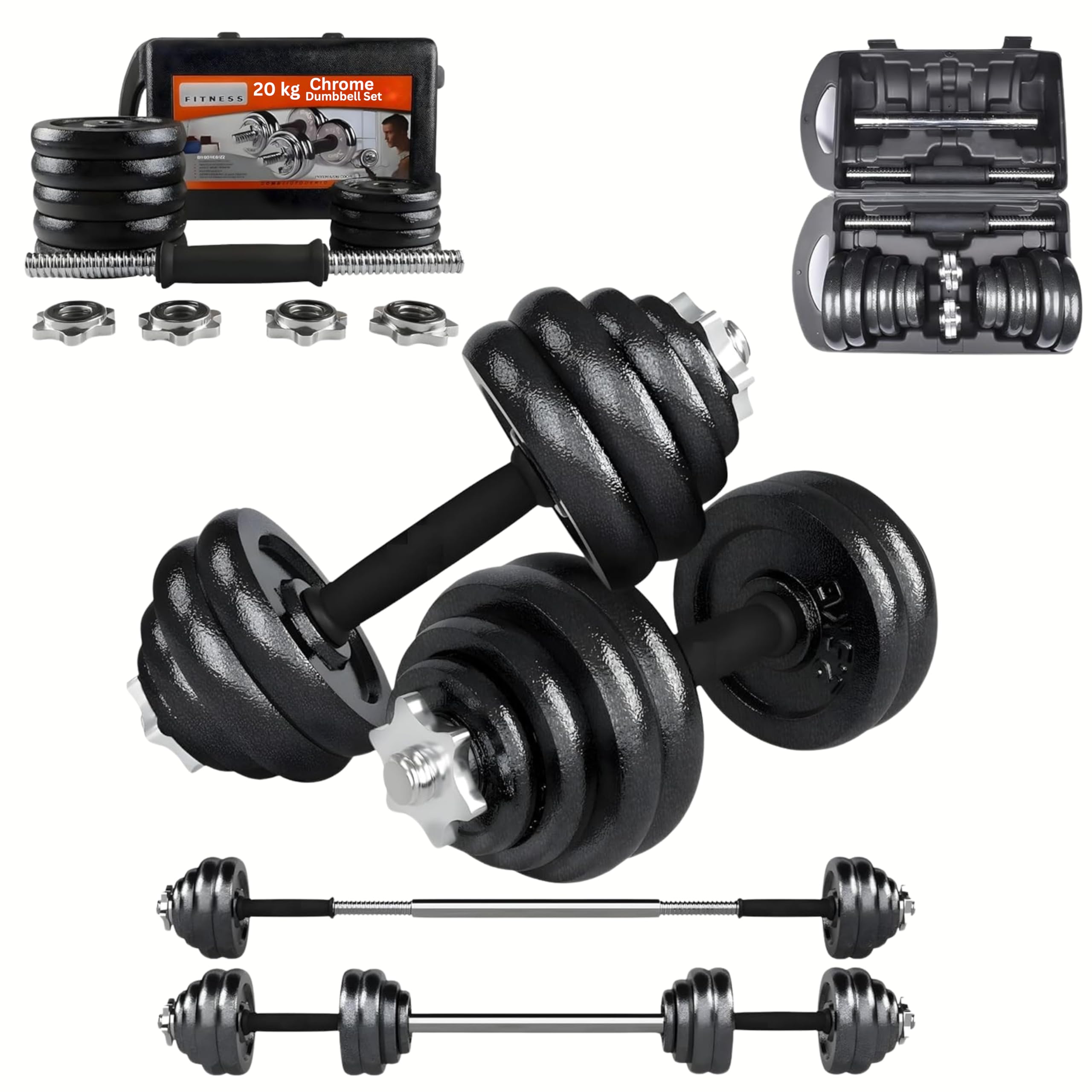 FROOBY Cast Iron Adjustable Dumbbell Barbell Weight Set 20KG, Carry Case, 1x Long, 2x bar, 4 Spinlock, Dumbbell, Barbell Conversion, Hand Free Pair Set, Strength, Home Gym Lifting Bodybuilding Set