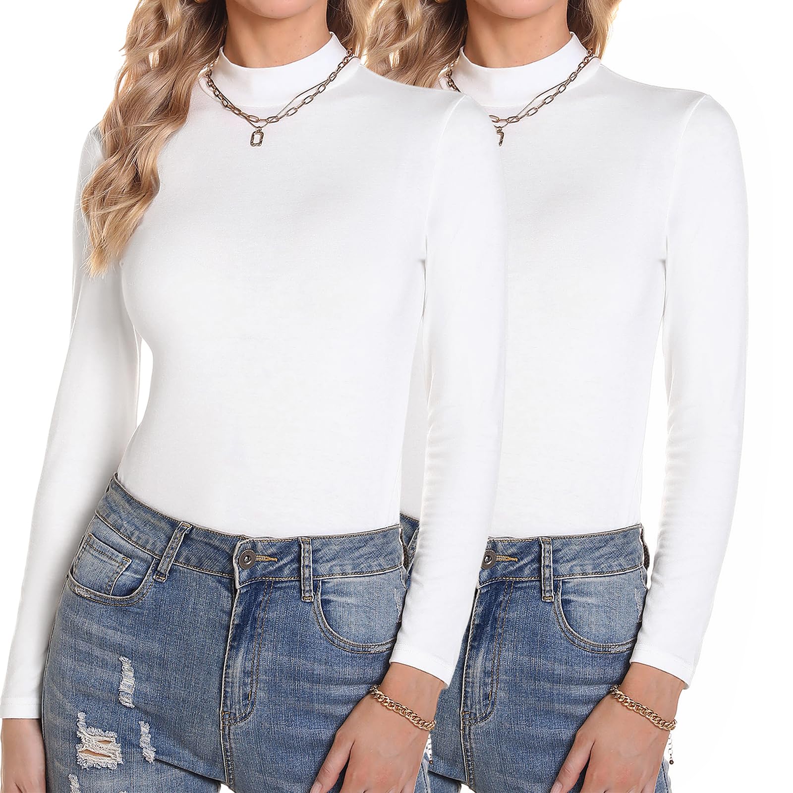 Aottori Damen 2 Pack Langarmshirt Set Stehkragen Rollkragenshirt Baumwolle Elegant Basic Oberteile Langarm Unterhemd Winter T-Shirt Stretch Tops