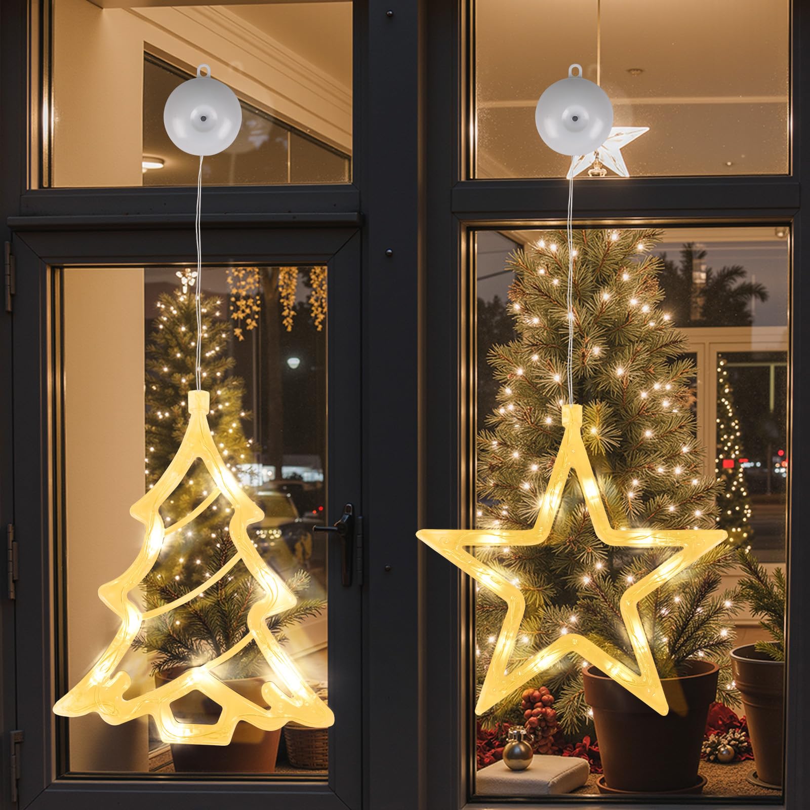 LEDYA Christmas Window Lights, 2 Pack Christmas Window Decorations Battery Operated with Suction Cup & Timer Function, Warm White Indoor Fairy Lights for Window, Party & Home Décor