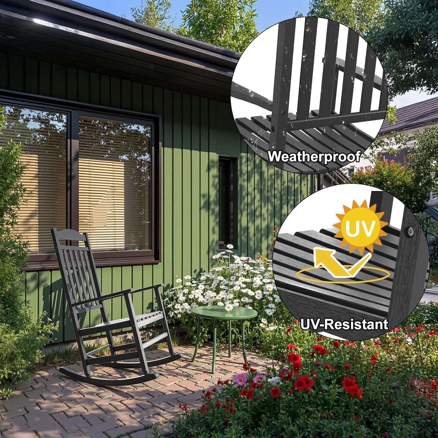 Patio Rocking Chair Outdoor Set of 1,Weather Resistant Poly Resin Oversized Porch Rocker,High Back Smooth Design,350lb Weight Capacity,Indoor Outdoor Use