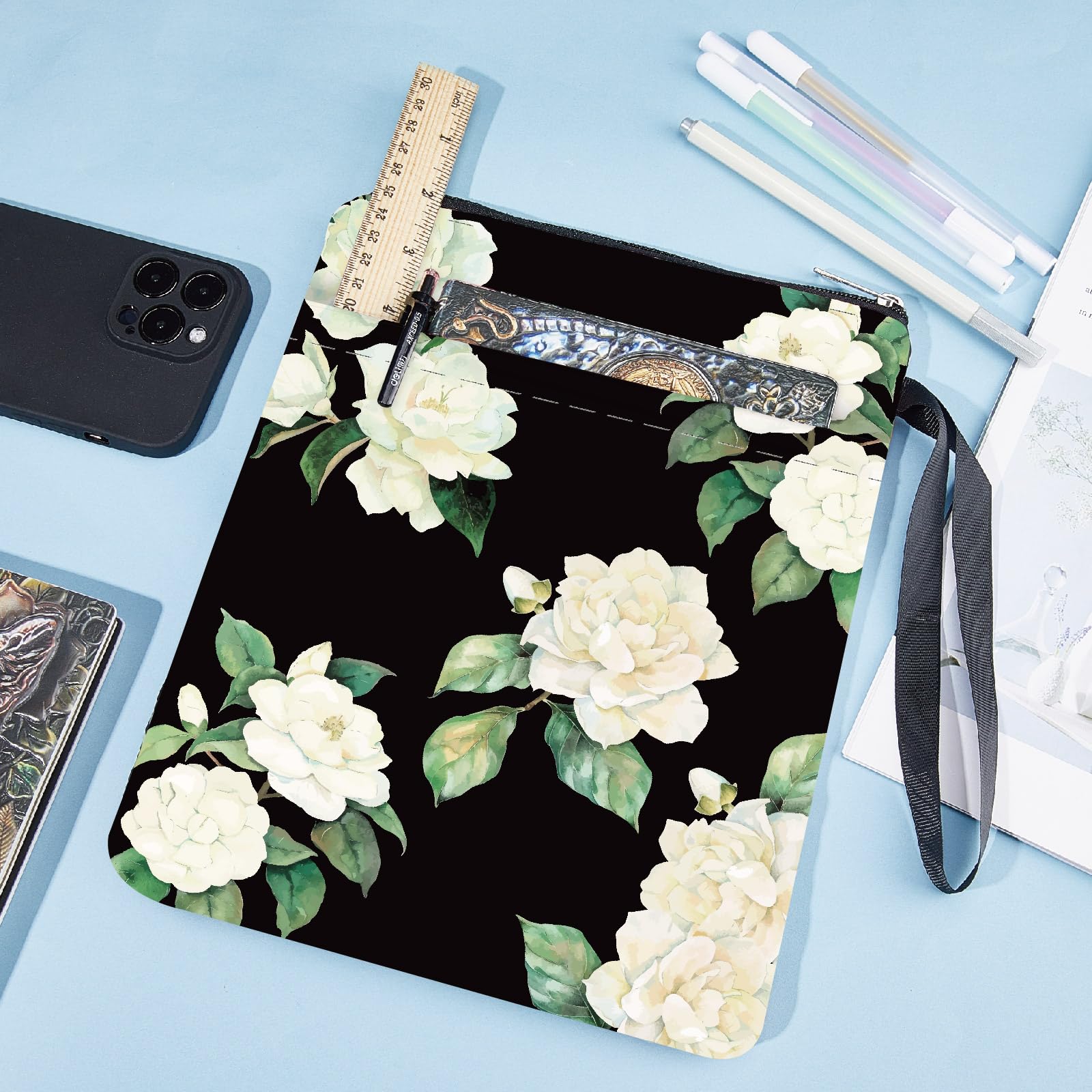 CRASPIRE Funda para Libro con Diseño de Flores Camelia Floral Blanco Libros Bolsillo Tela Lavable Cremallera Y