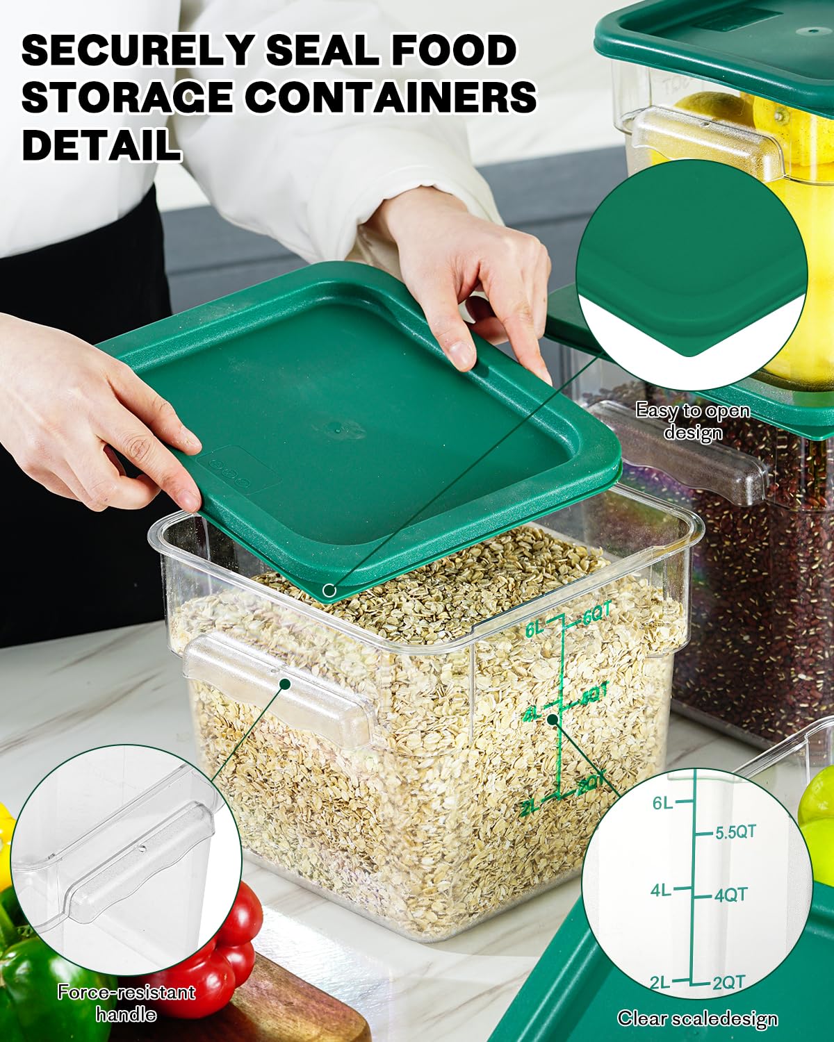 4QT NSF - Contenitori per alimenti, 8 pezzi, per uso alimentare, resistenti al caldo e al freddo, trasparenti, con coperchio, per impasti da cucina e ristoranti, cucchiai dosatori inclusi (verde)