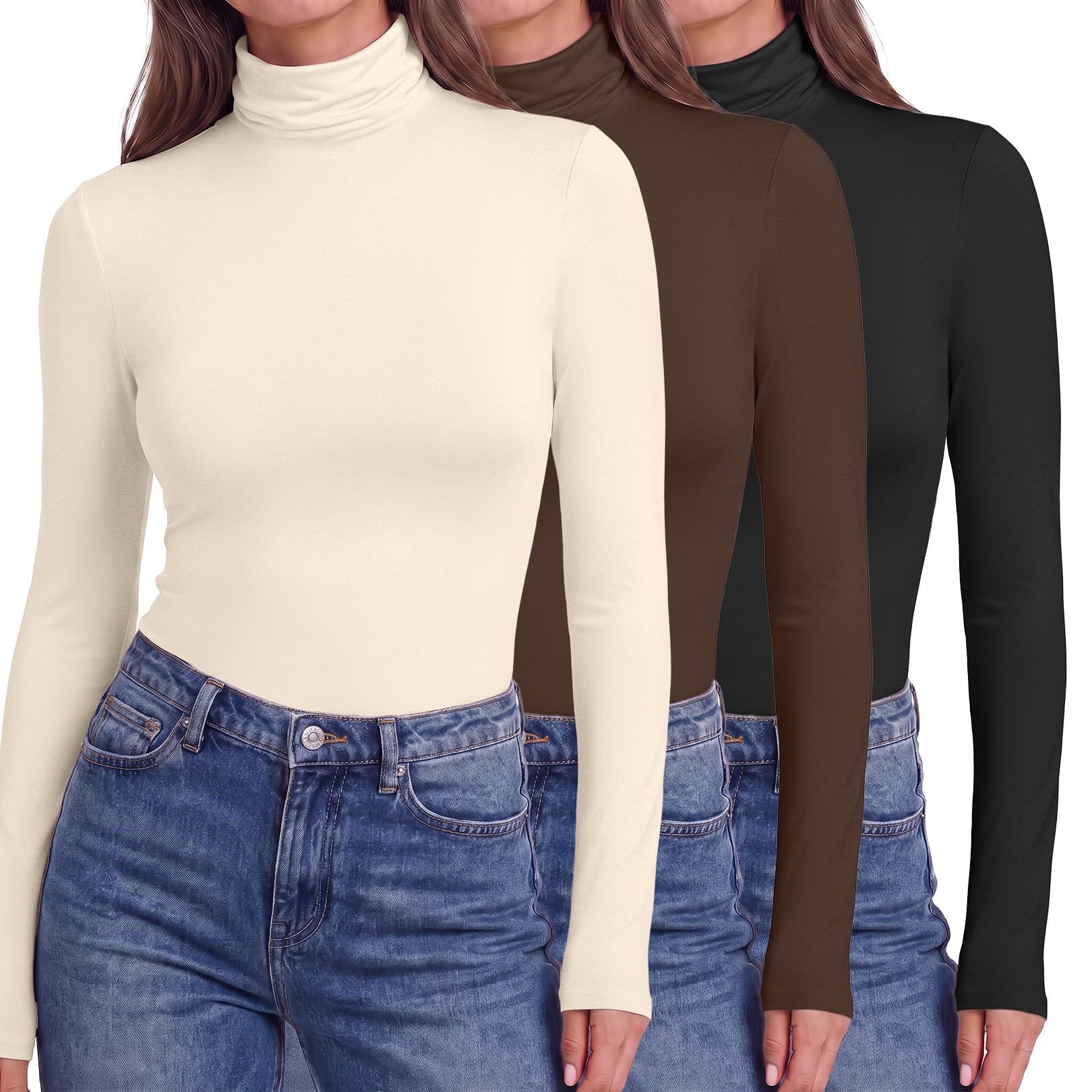Ekouaer Women's Thermal High Neck Long Sleeve T-Shirts 1&3 Pack | Stretchy, Slim Fit, Lightweight and Warm, Long Sleeve Turn-Down Collar Undershirt, S-XXL