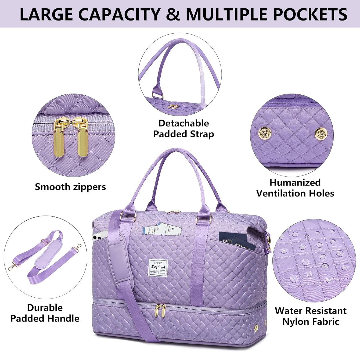 Women Weekender Travel Duffle Bag: Travel Duffel Overnight Bags with Shoe Compartment Large Carry on Tote Bag Toiletry Bag Weekend Yoga Gym Hospital Bags for Labor and Delivery with Wet Pocket Purple - Image 6