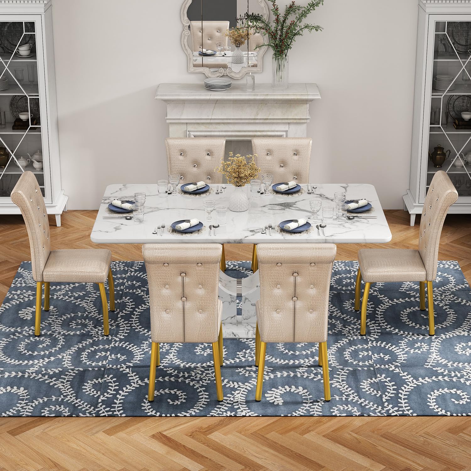 Modern Faux Marble Dining Table Set for 6, 63″ White