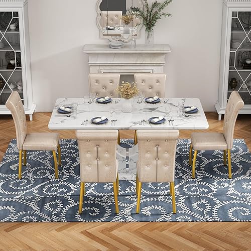 Miniatura 26 de JUFU Juego de mesa de comedor de mármol para 6 personas con mesa de mármol sintético de 63 pulgadas y pedestal en forma de U, mesa de comedor 6