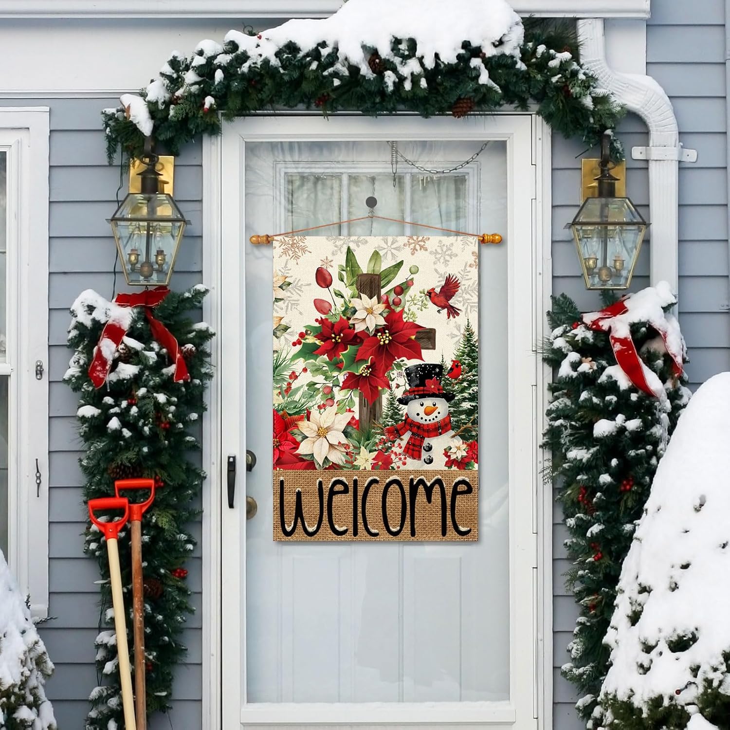 Welcome Winter Cross Poinsettias Snowman Pine Trees Christmas House Flag large 28X40 Inch Big Vertical Double Sided Yard Outdoor Outside Holiday Decoration - Image 2