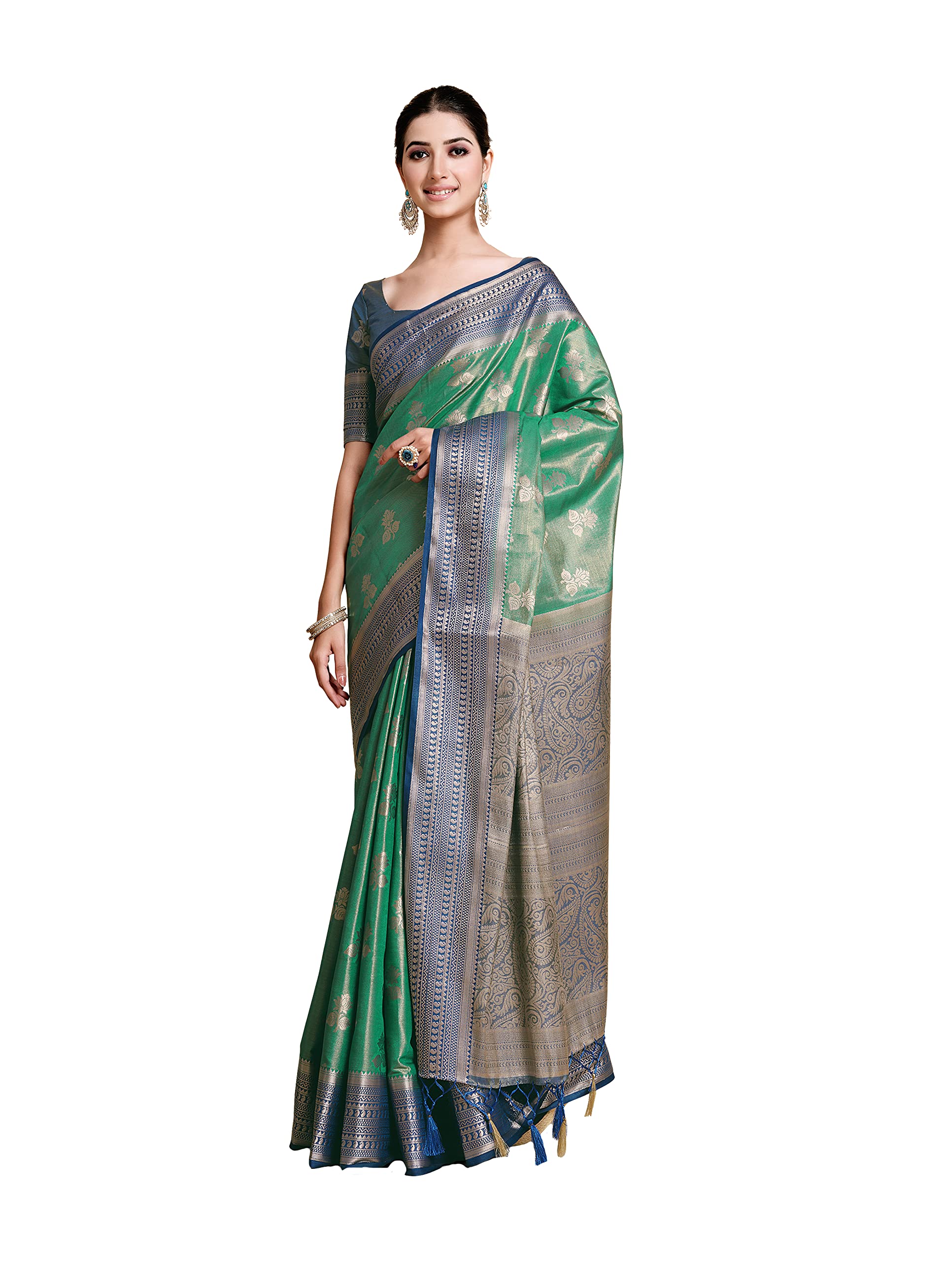 MIMOSAWomen's Art Silk Saree, Green, 5.4m + 0.8m Blouse, Festival, Wedding, 600g