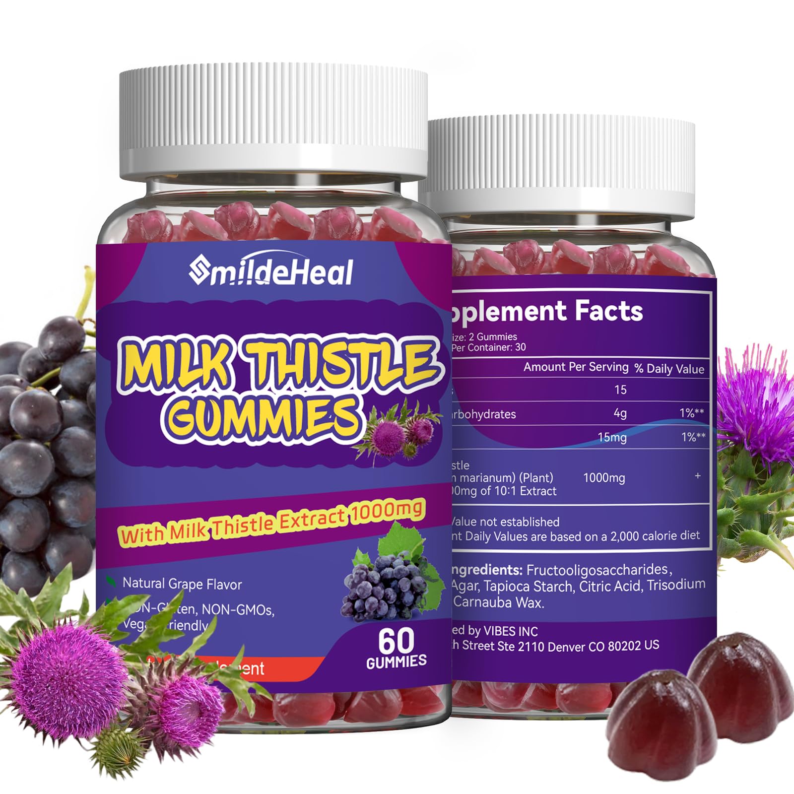 Milk Thistle Gummies 1000mg, Liver Detox, Antioxidant Support,120 Count 60 Count (Pack of 2)