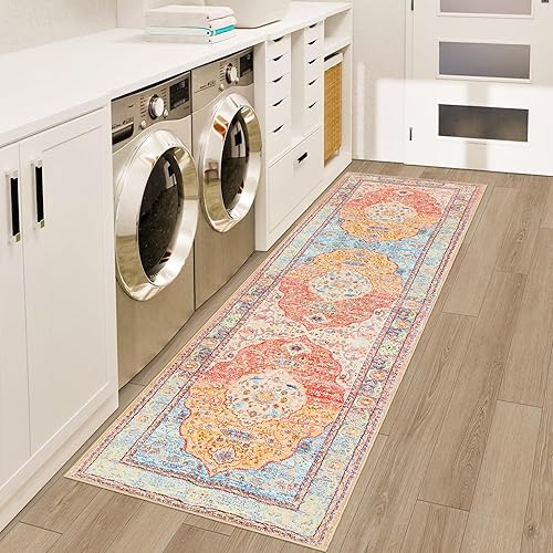 Miniatura 5 de RUGxDJ Alfombra de pasillo bohemia de 2 x 6 pies, lavable, alfombra de cocina con medallón colorido, alfombra de entrada, alfombra de baño persa,