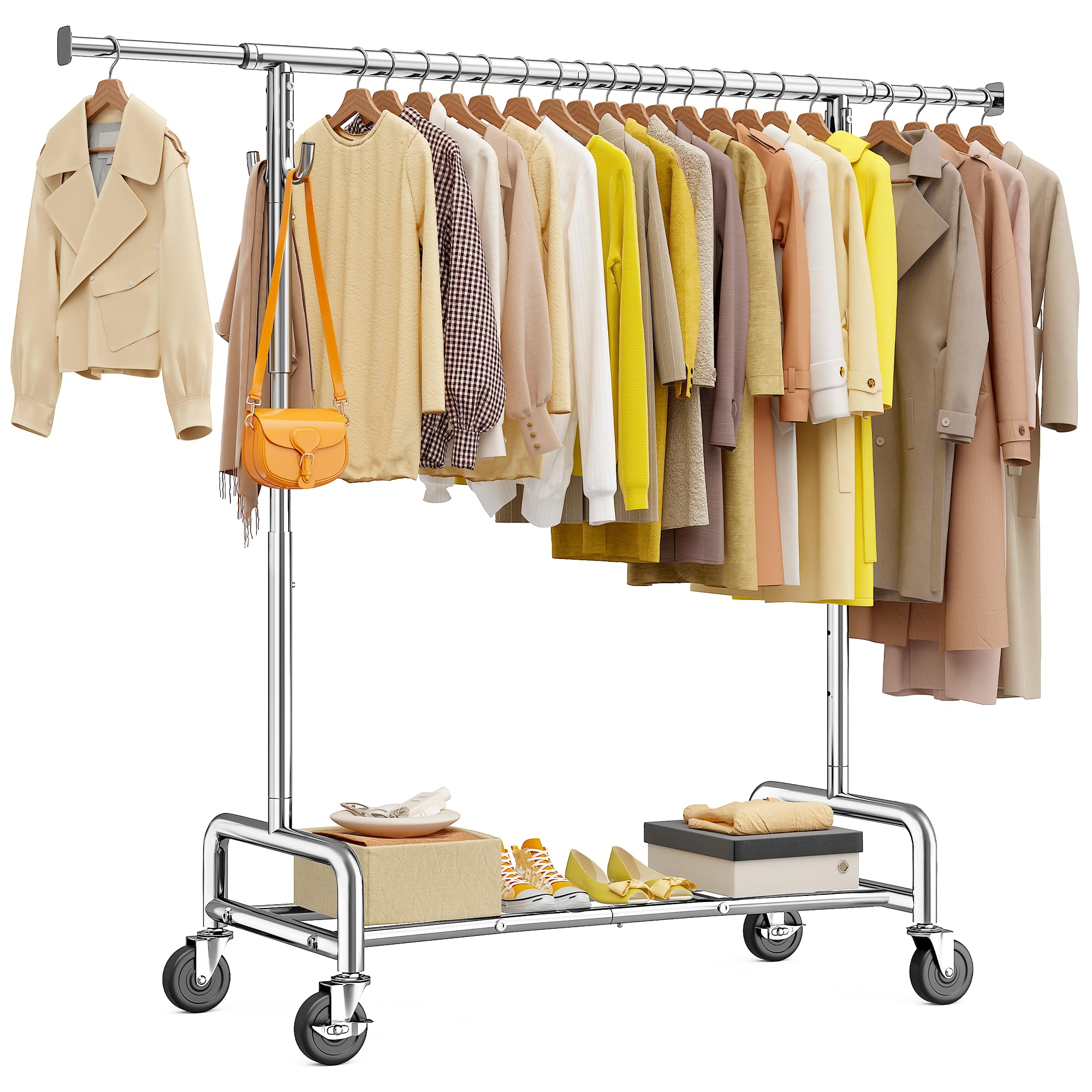 Raybee Heavy Duty Clothes Rack 75 Extra Wide 450 LBS Clothing Rack with 4 Hooks Lockable Wheels Metal