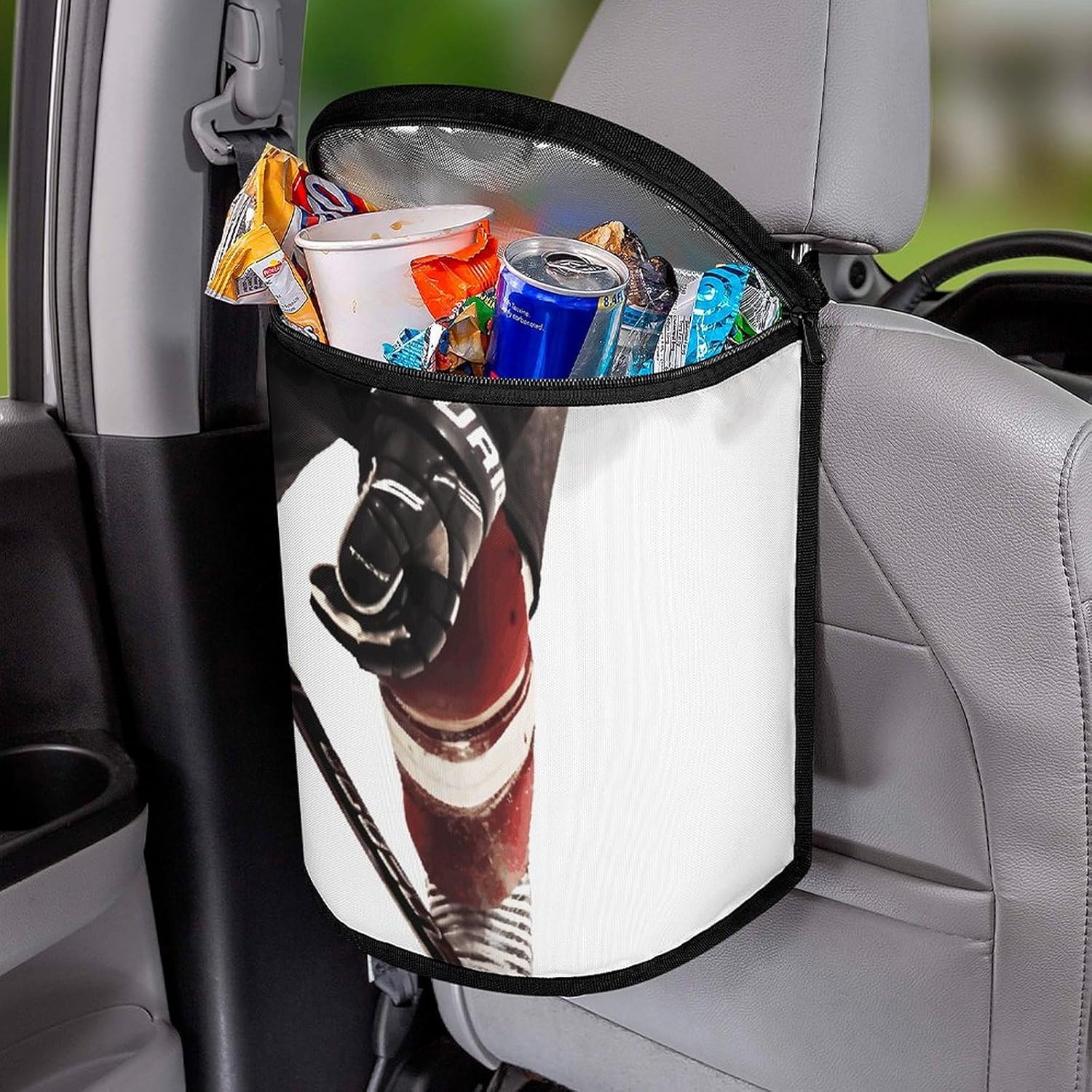 Hanging Car Trash Bag Protable Trash Can Ice Hockey Pattern Waterproof Garbage Bin for Car