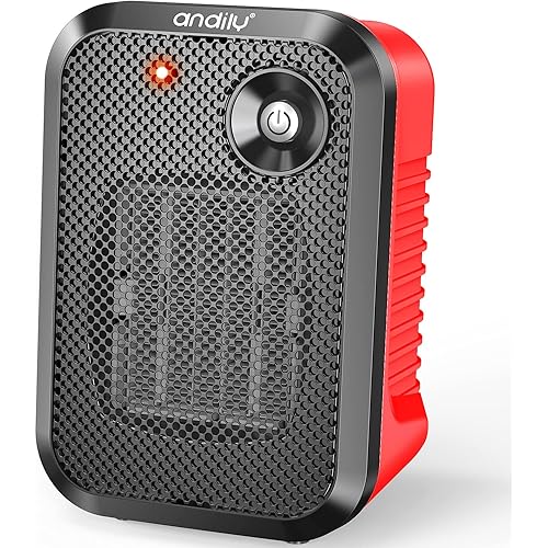 andily 500W Space Electric Small Heater for Home&Office Indoor Use on Desk with Safety Power Switch PTC RED