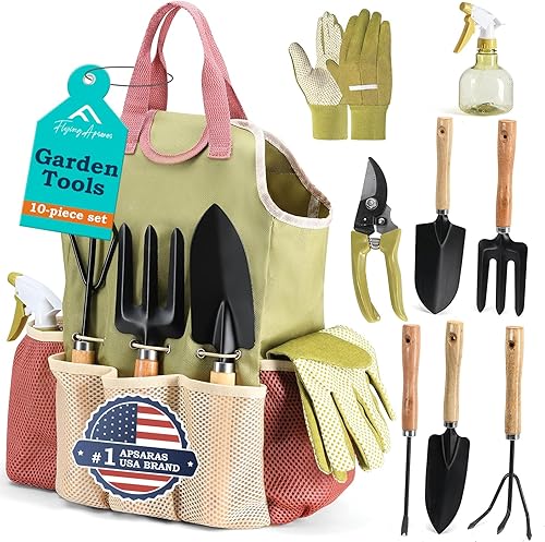 APSARAS USA Herramientas de jardinería, juego de herramientas de jardín, 10 piezas de acero resistente resistente con bolsa de almacenamiento de