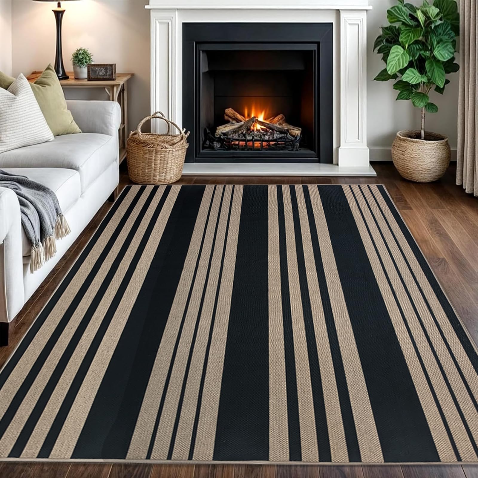 Tapis en jute lavable USTIDE antidérapant grand format à rayures noir