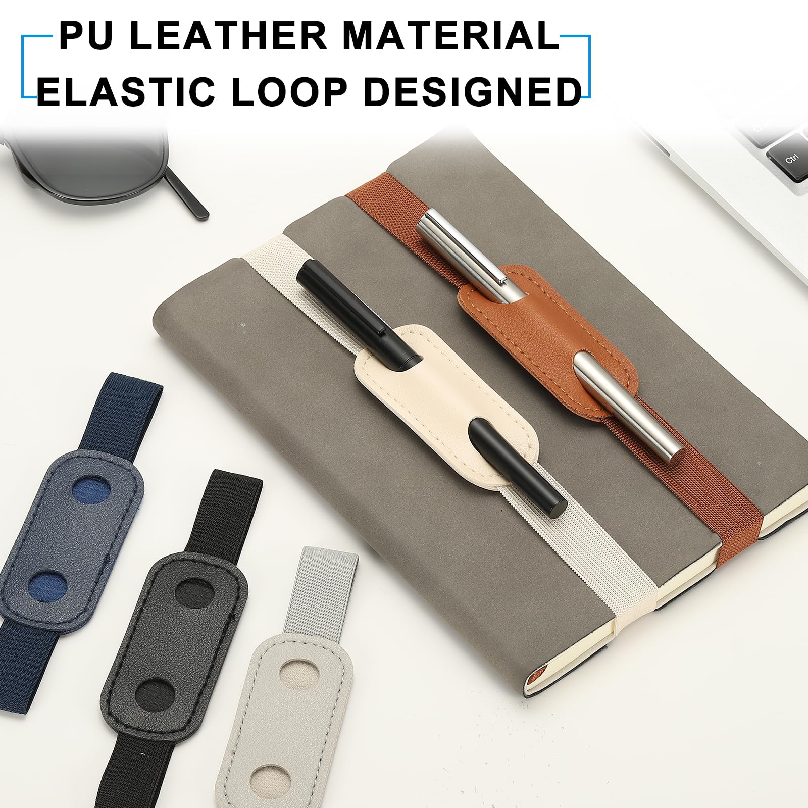 PATIKIL 4 Pcs Adjustable Pen Loop Holder for Notebook PU Leather Pen Holder Pencil Sleeve Elastic Strap Band Designed for Journals Clipboards Notebooks Calendars Gray - Image 4
