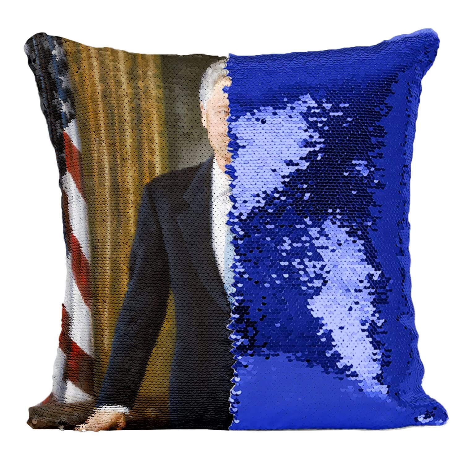 Coussin housse sequin bleu Bill Clinton pour casser la monotonie
