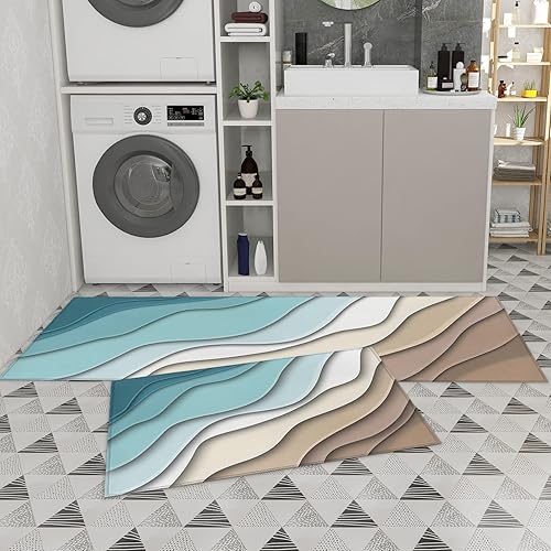 Miniatura 9 de Juego de 2 alfombras de cocina con diseño de rayas degradadas, color marrón turquesa, antideslizantes, lavables, antifatiga, alfombra abstracta a