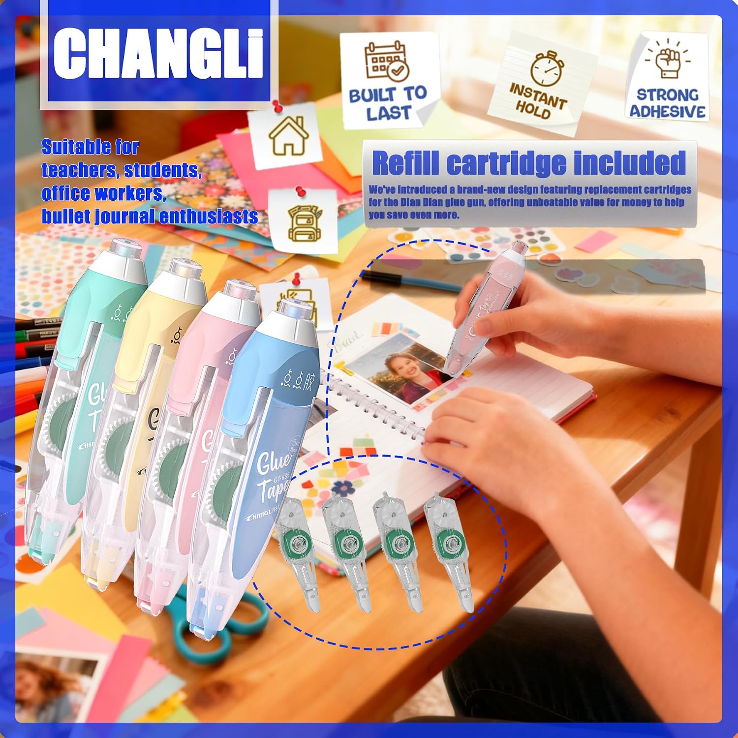 CHANGLi 8pack Refillable Glue Tape for Scrapbook, 16FT*1/5 Inch Double Sided Tape for Crafts, Scrapbooking Supplies, Replacement Glue Tapes, Reusable Glue Tape for Gift Wrapping, Photo