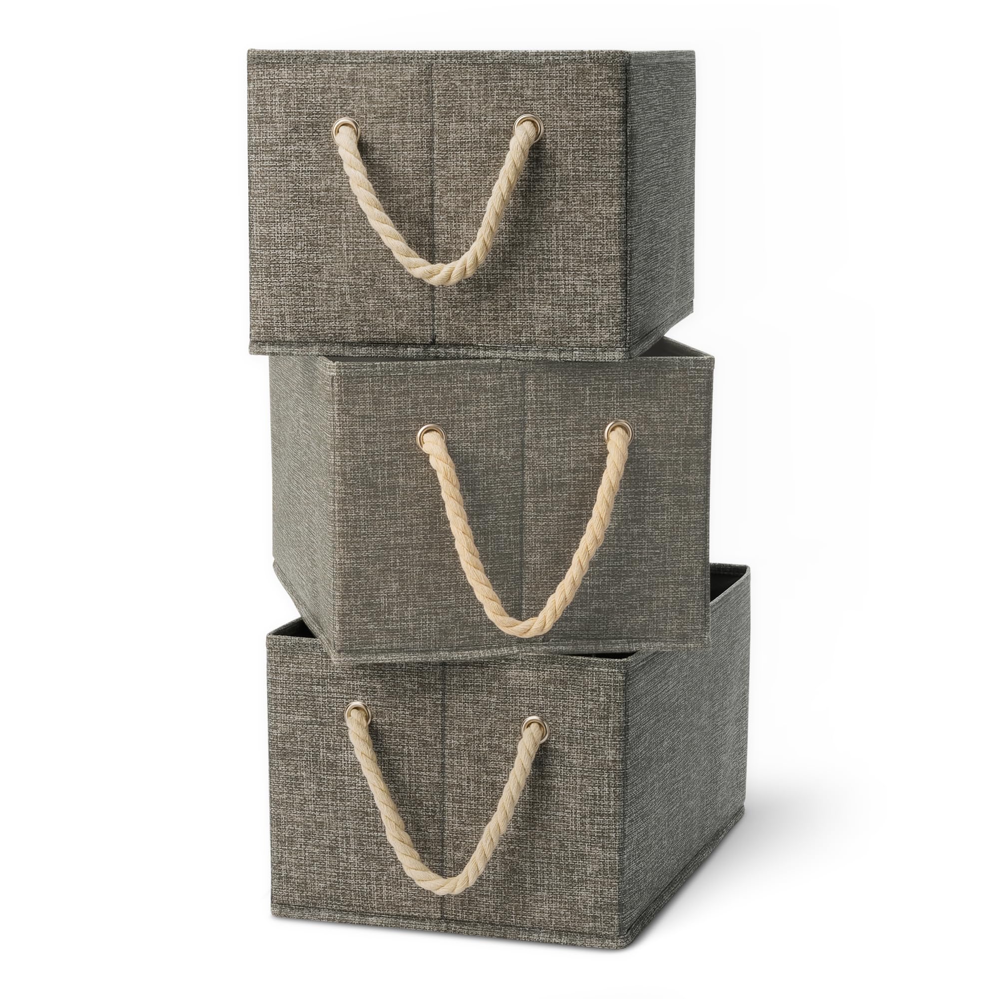 Amazon Basics Foldable Storage Bins with Rope Handles, Charcoal, Large, Pack of 3