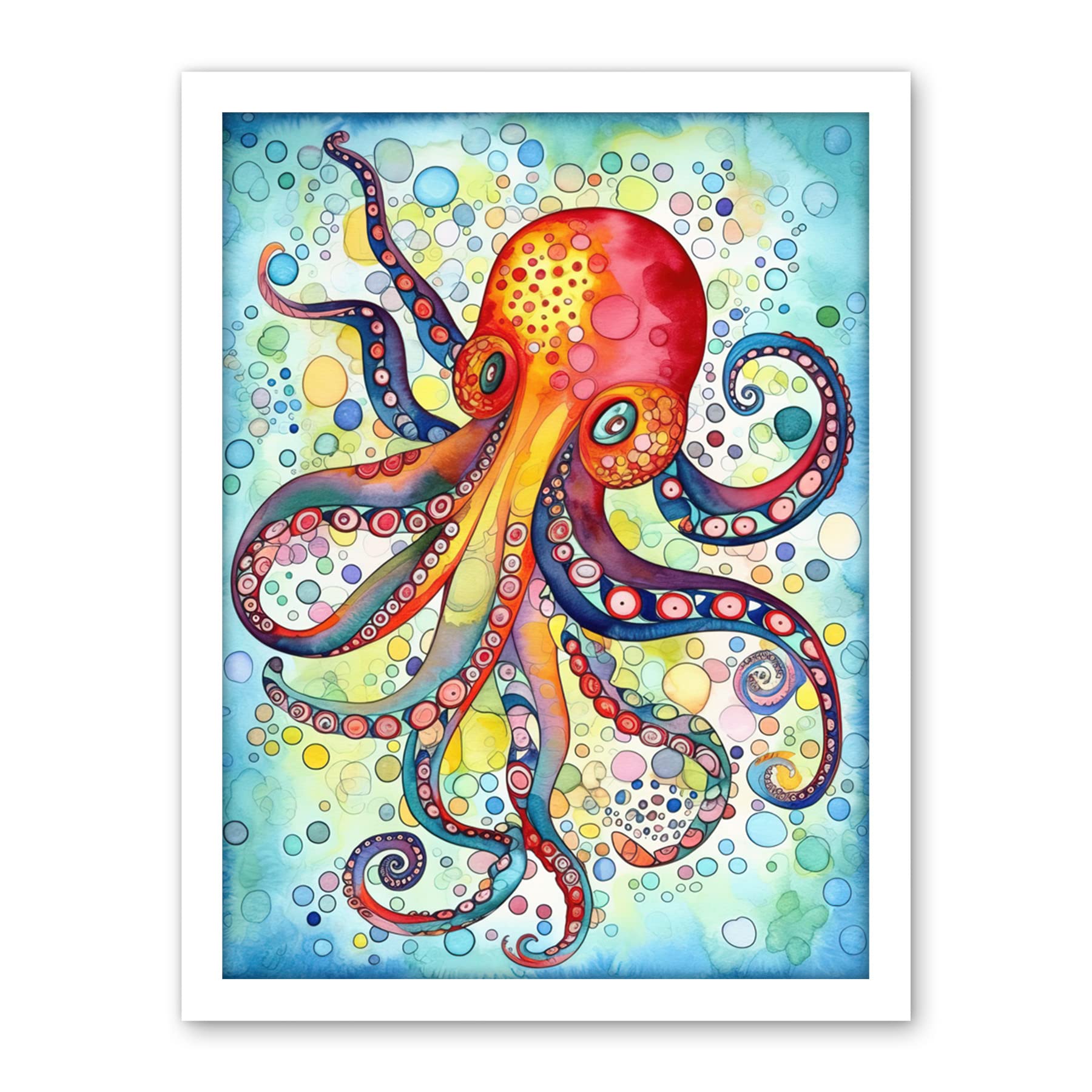 Artery8 Octopus Swimming In Air Bubbles Folk Art Watercolour Painting Artwork Framed Wall Art Print 18X24 Inch