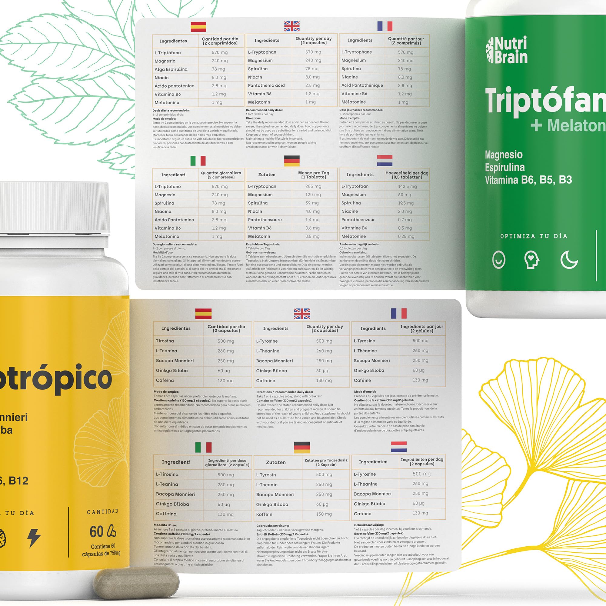 Pack Nootrópico Natural + Triptófano con Melatonina (60 + 70 cápsulas) - Energía y Descanso - Sueño Profundo y Energía para el día a día - Aumenta la Concentración y Agilidad Mental