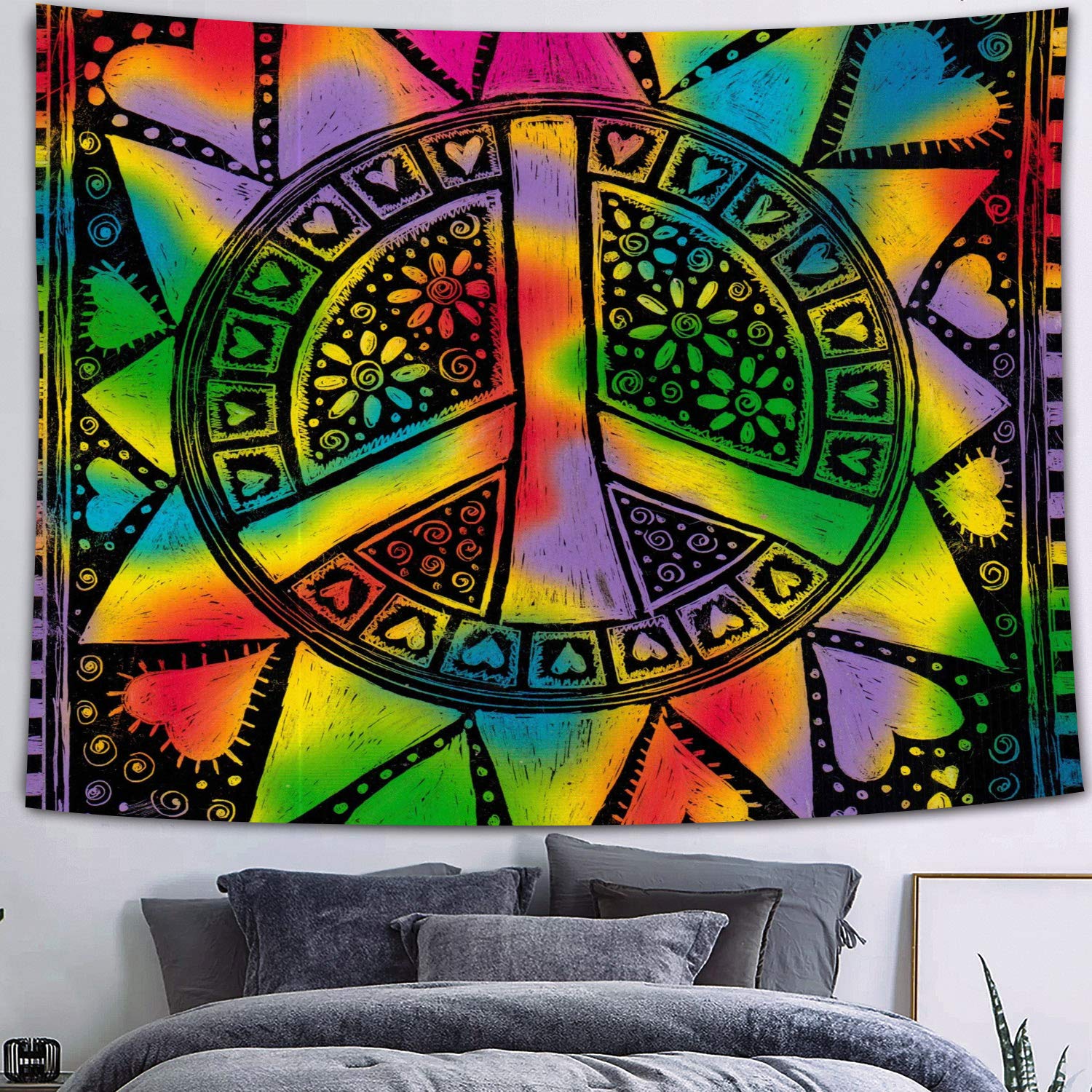 FEASRT Hippie Tapestry Peace and Love Tapestries Wall Hanging for Living Room Bedroom Dorm Home Decor Banner 80×60 Inches GTZYAY60
