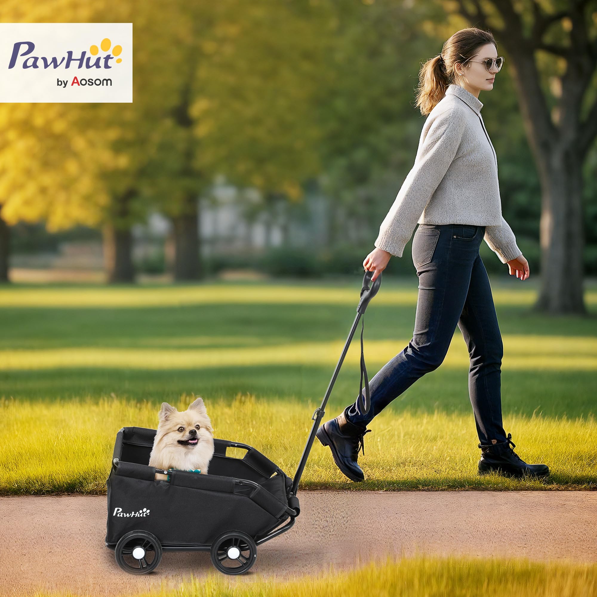 PawHut Poussette pour chien, poussette chien pliable à 4 roues, avec tige de poussée réglable, sac de rangement, coussin lavable, pour animaux jusqu'à 4 kg, noir