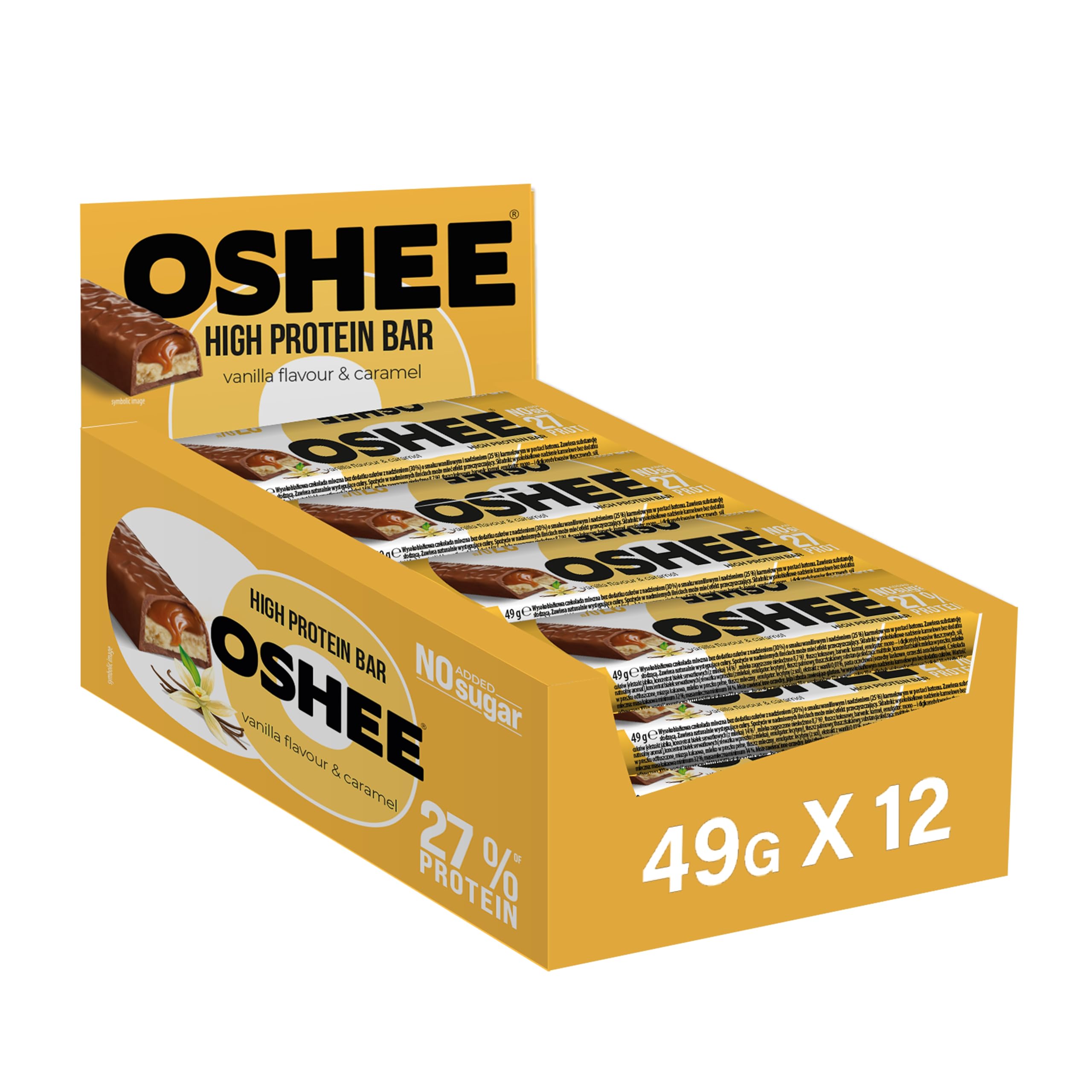 Oshee High Protein Bars – Vanilla & Caramel, 49g (Pack of 12), 32% Protein Snack for Muscle Recovery & Energy, Low Sugar, High Fibre, Ideal for Active Lifestyles
