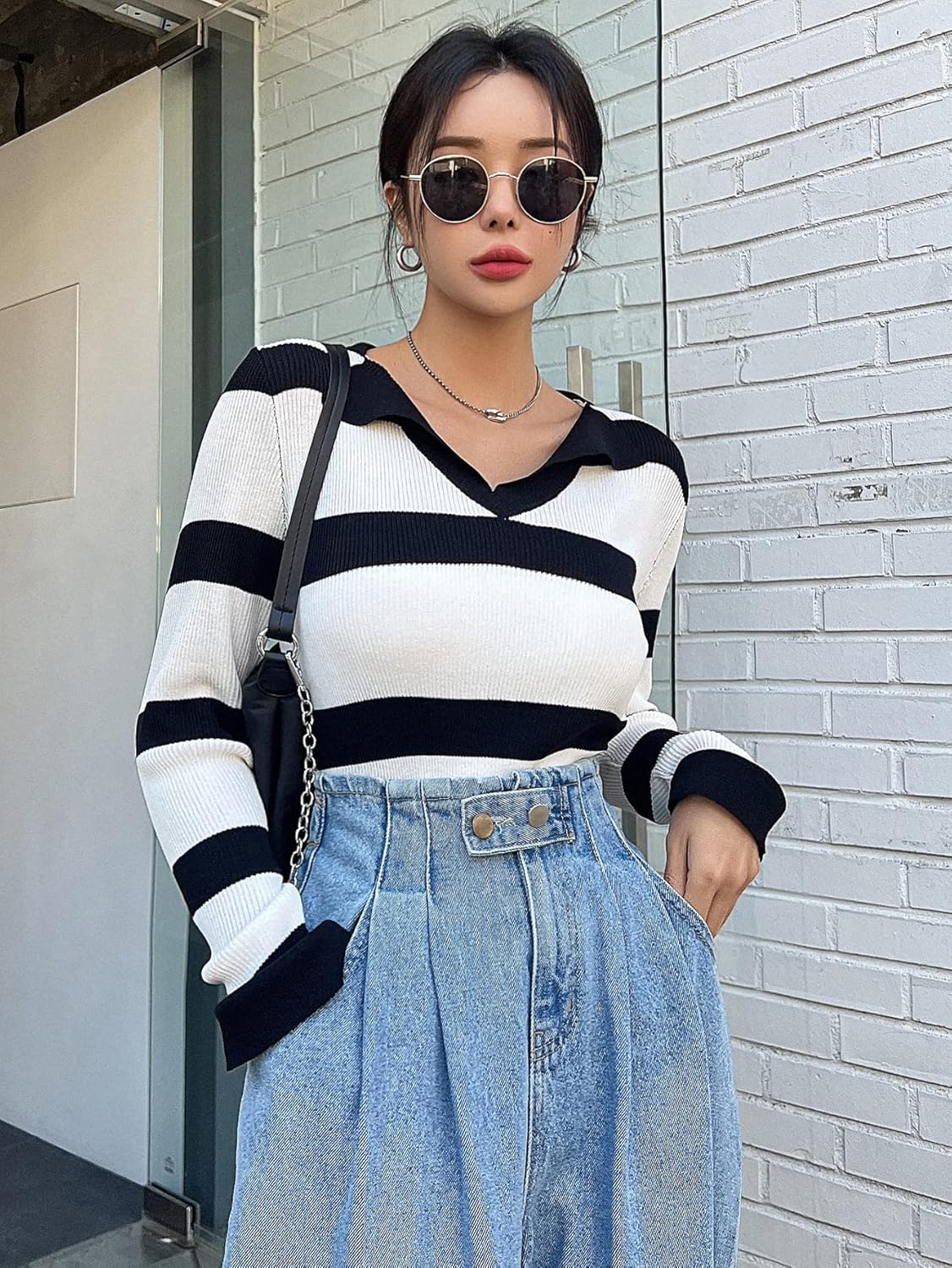 BEDAW Women's Sweater Striped Pattern Ribbed Knit Sweater Sweater for Women (Color : White, Size : X-Large)