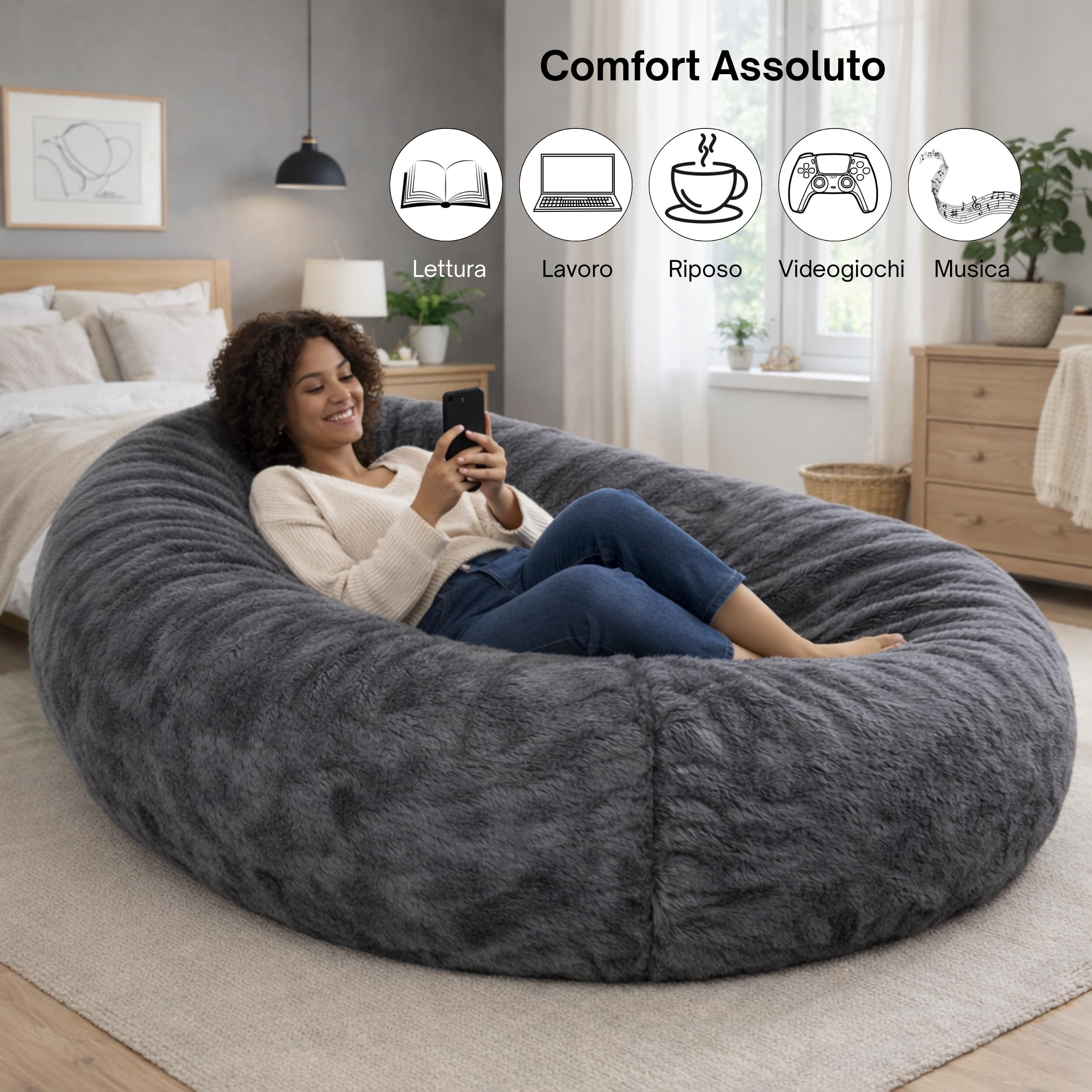 bananair Pouf Poltrona - 160 x 90 x 60 cm - Morbido e Comodo - Housse Rimovibile e Lavabile - Pouf Letto, Pouf Sacco, Poltrona Sacco, Bean Bag - Qualità Premium, Eco-Responsabile (Grigio Scuro)