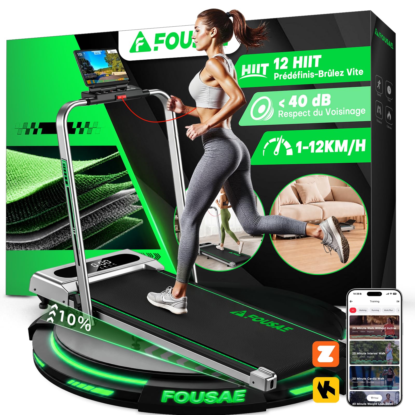 Tapis De Course Pliant FOUSAE – Pente 9%, 12 Km/h, Moteur 2.75 HP, Silence <40 DB, 158 Kg Max