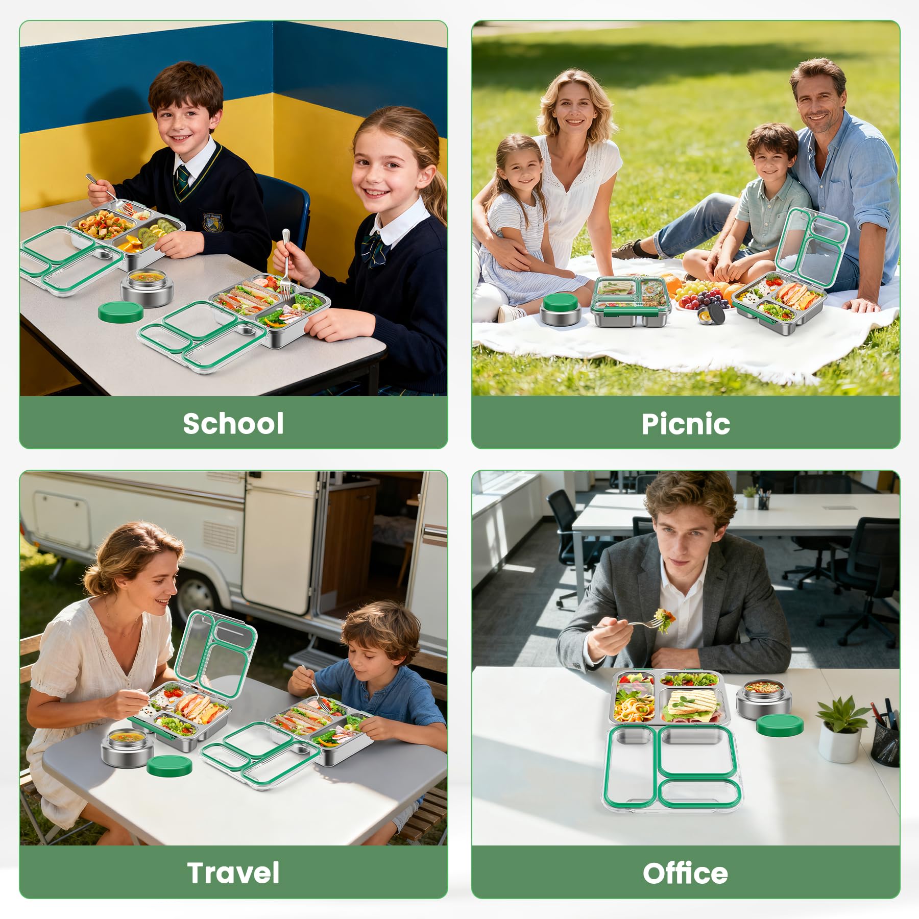 Itslife Bento Lunch Box Adulti Bambini in Acciaio Inox con 200ml Contenitore Termico per Alimenti, Porta Pranzo 3 Scomparti con Contenitore per Salse, per Lavoro Picnic Ufficio, senza BPA, Verde