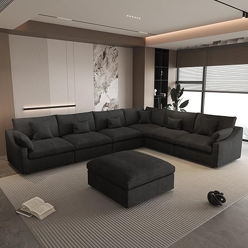 Miniatura 63 de WJShome - Sofá seccional modular en forma de nube para sala de estar, sofá de 160" con relleno de plumón en forma de U con otomano, sofás