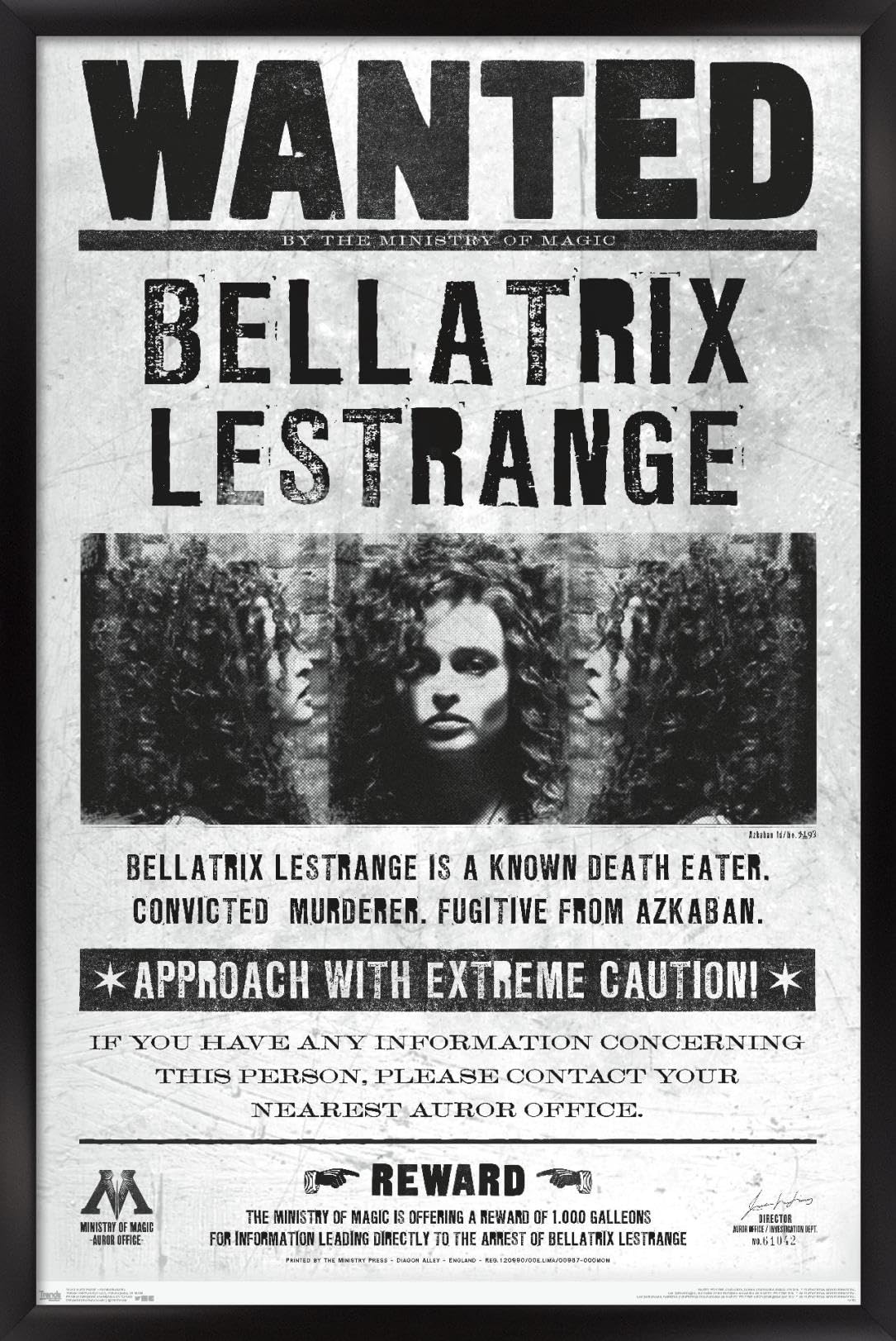 Trends International The Wizarding World: Harry Potter - Bellatrix Wanted Poster Wall Poster, 22.375" x 34", Black Framed Version