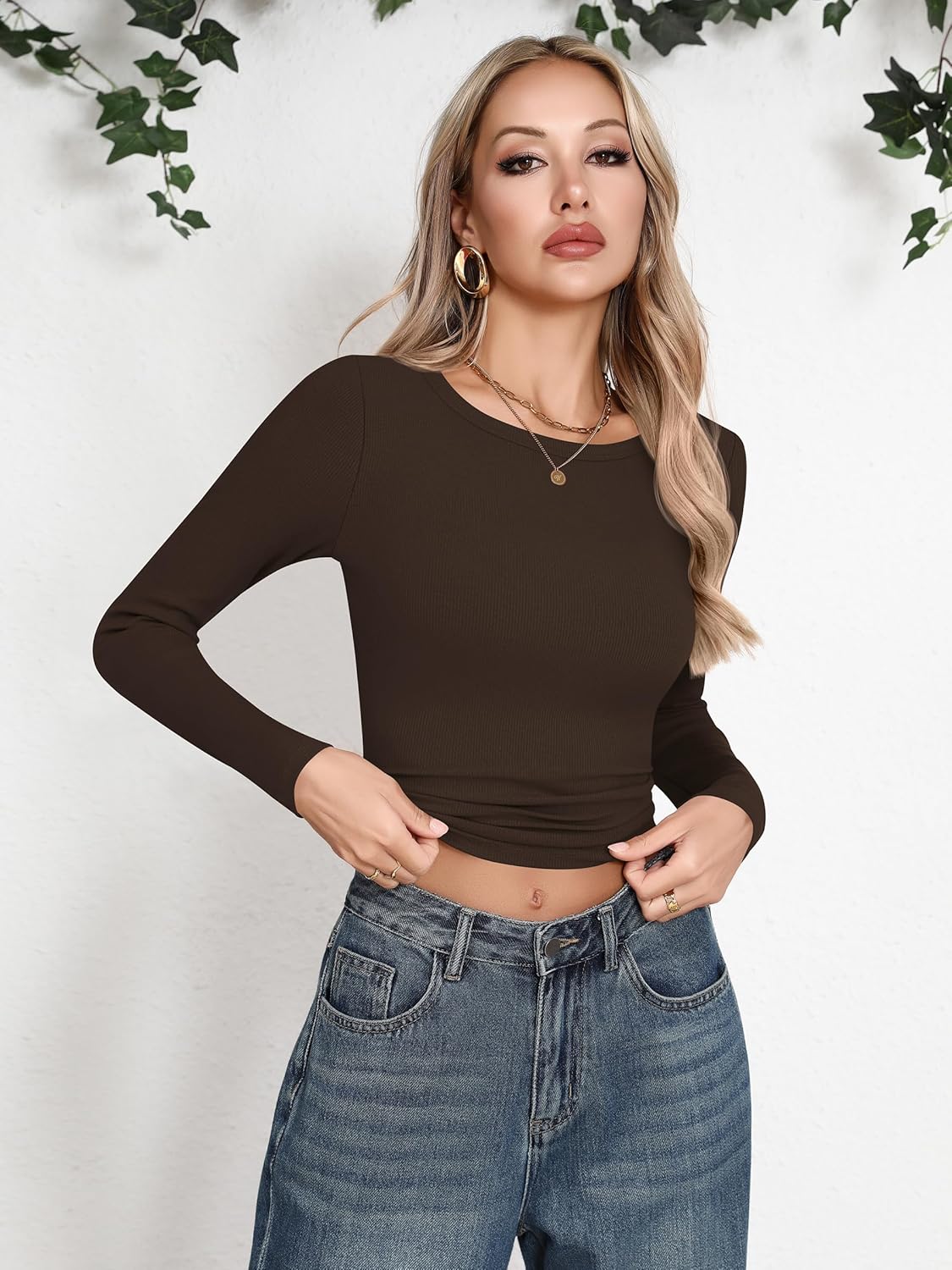 Laughido Women's Crew Neck Long Sleeve Basic T Shirts Slim Fit Casual Tops Ribbed Knit 2025 Clothes - Image 3