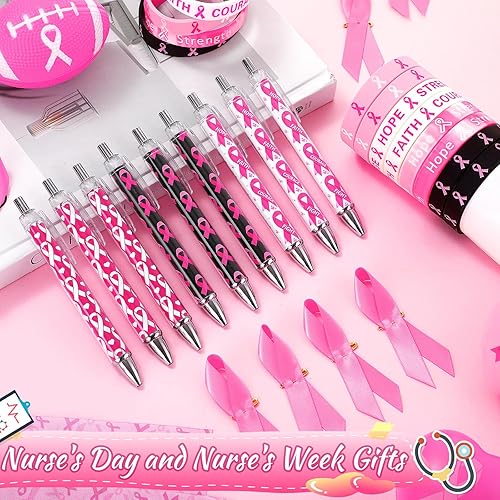 Miniatura 6 de Seajan 180 accesorios para concientización sobre el cáncer de mama, 60 pulseras de cinta rosa, 60 pines para cáncer de mama, bolígrafos de tinta